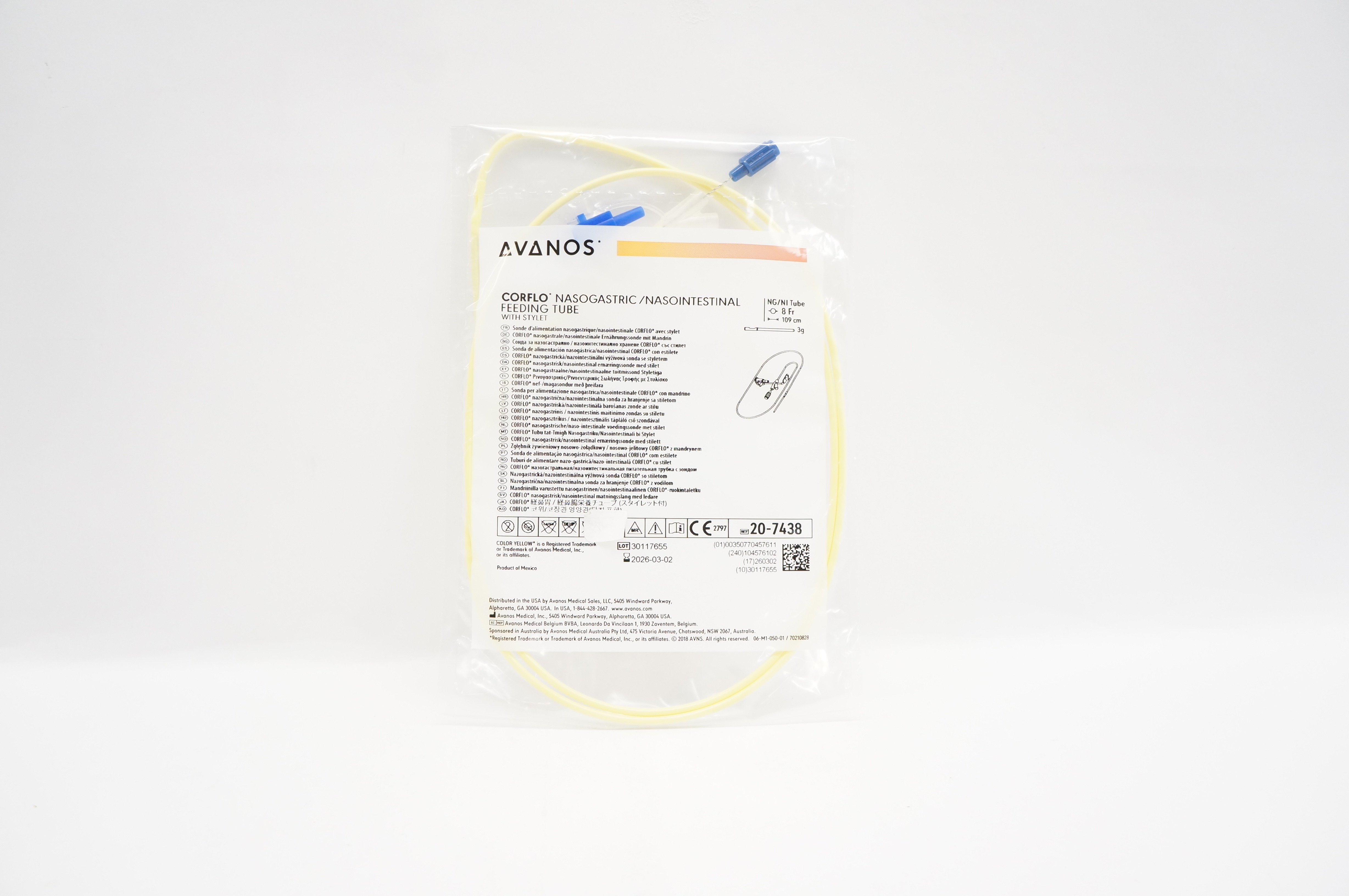 Avanos 20-7438 CORFLO Nasogastric/Nasointestinal Feeding Tube 8Fr x 109cm