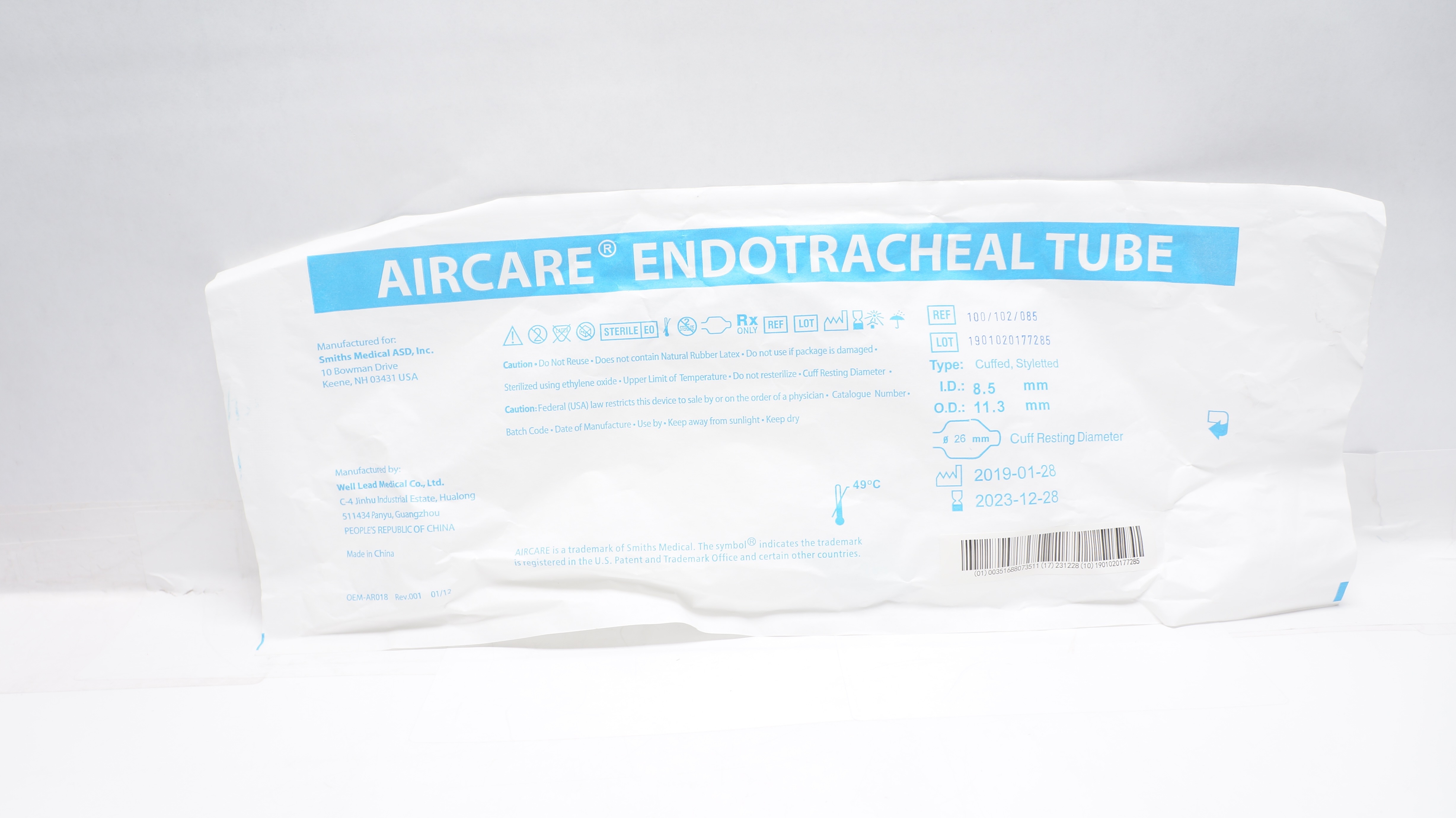 Smiths Medical 100/102/085 Aircare Endotracheal Tube 8.5mm x 11.3mm x 26mm (x)