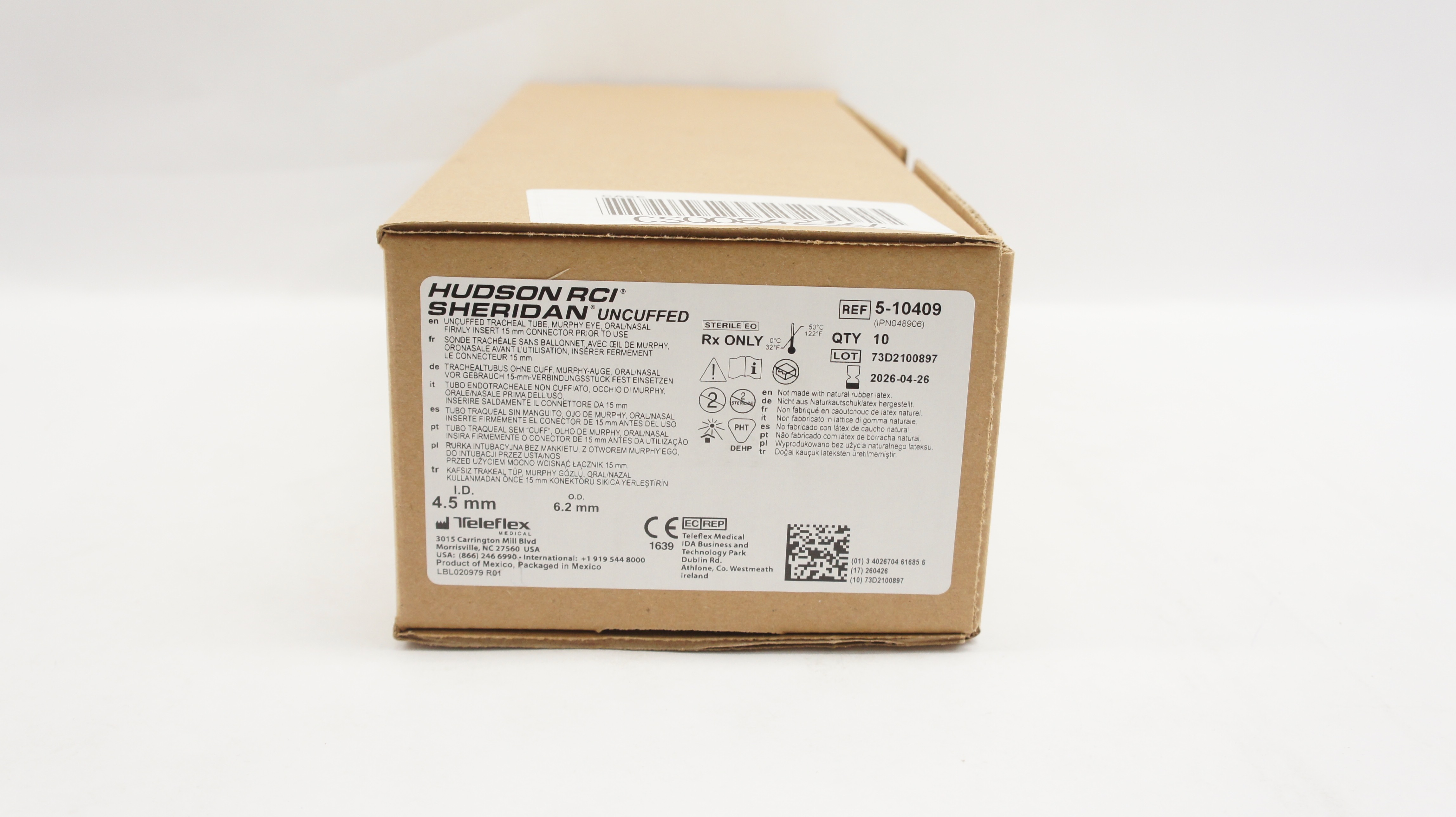 Teleflex 5-10409 Hudson RCI Sheridan Uncuffed Tracheal Tube 4.5x6.2mm -Box of 10