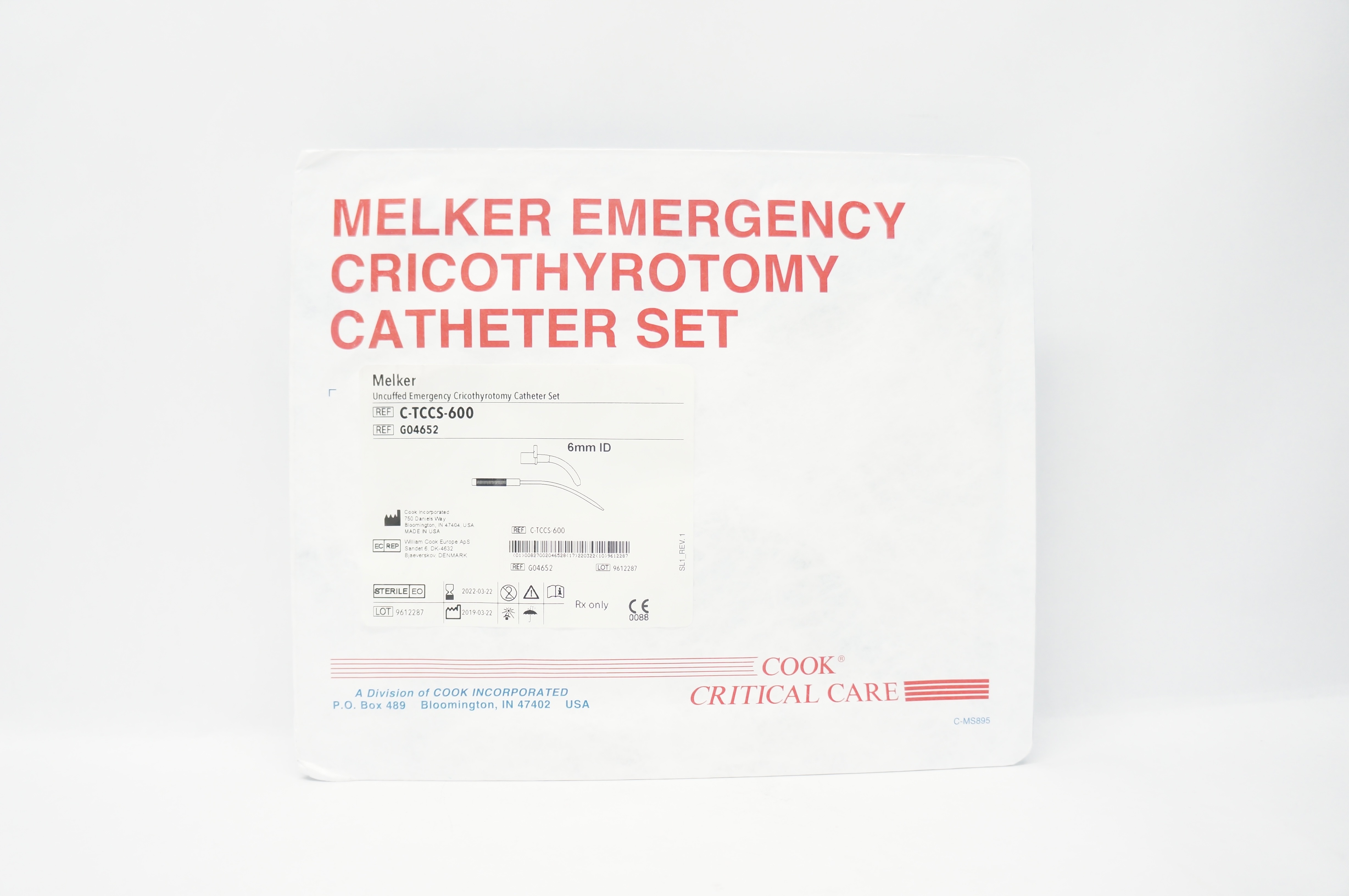 Cook Medical G04652 Melker Uncuffed Emergency Cricothyrotomy Cath. Set 6mm ID(x)
