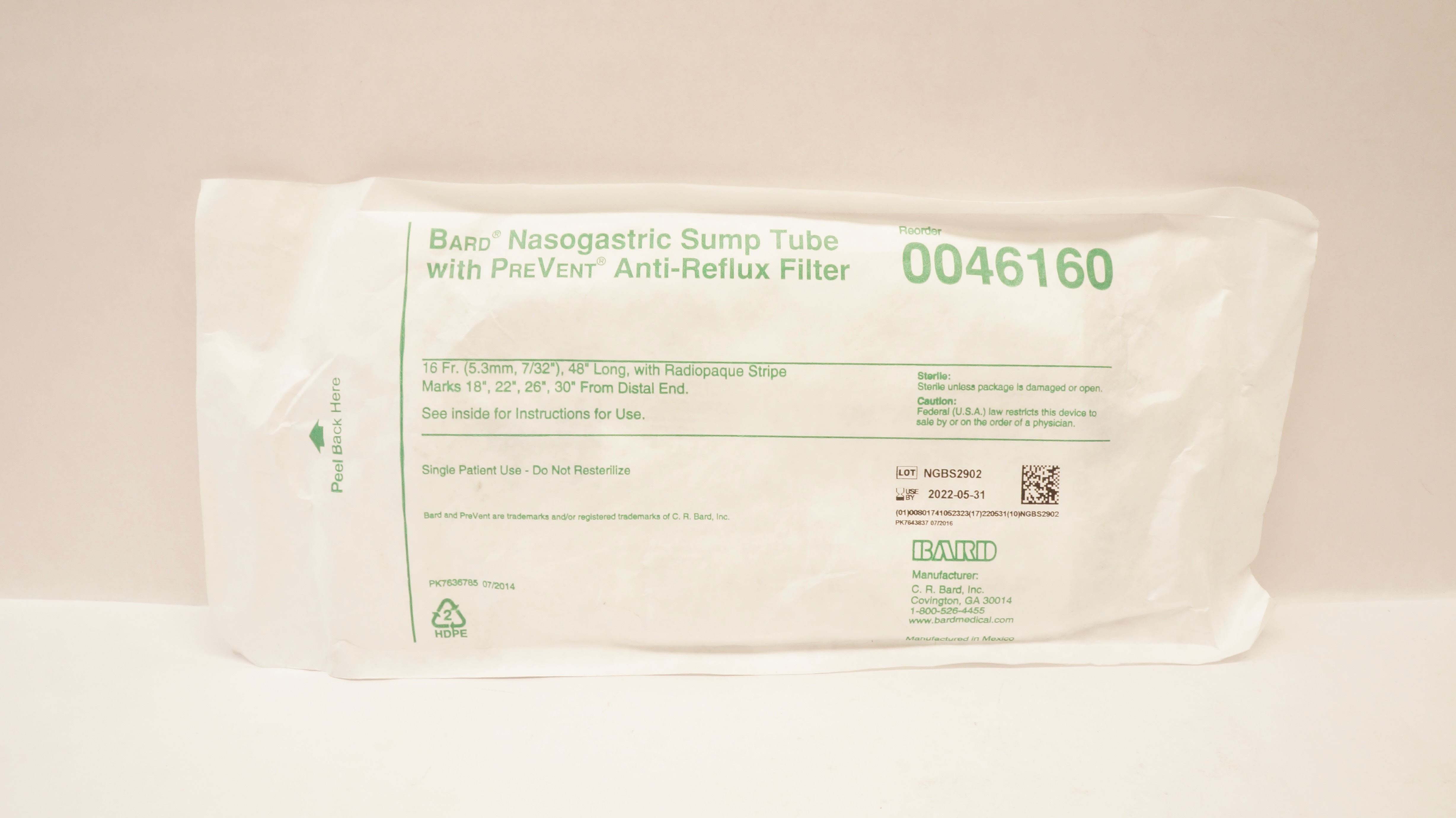 Bard 0046160 Nasogastric Sump Tube W/PreVent Anti-Reflux Filter 16Fr x 48inch(x)