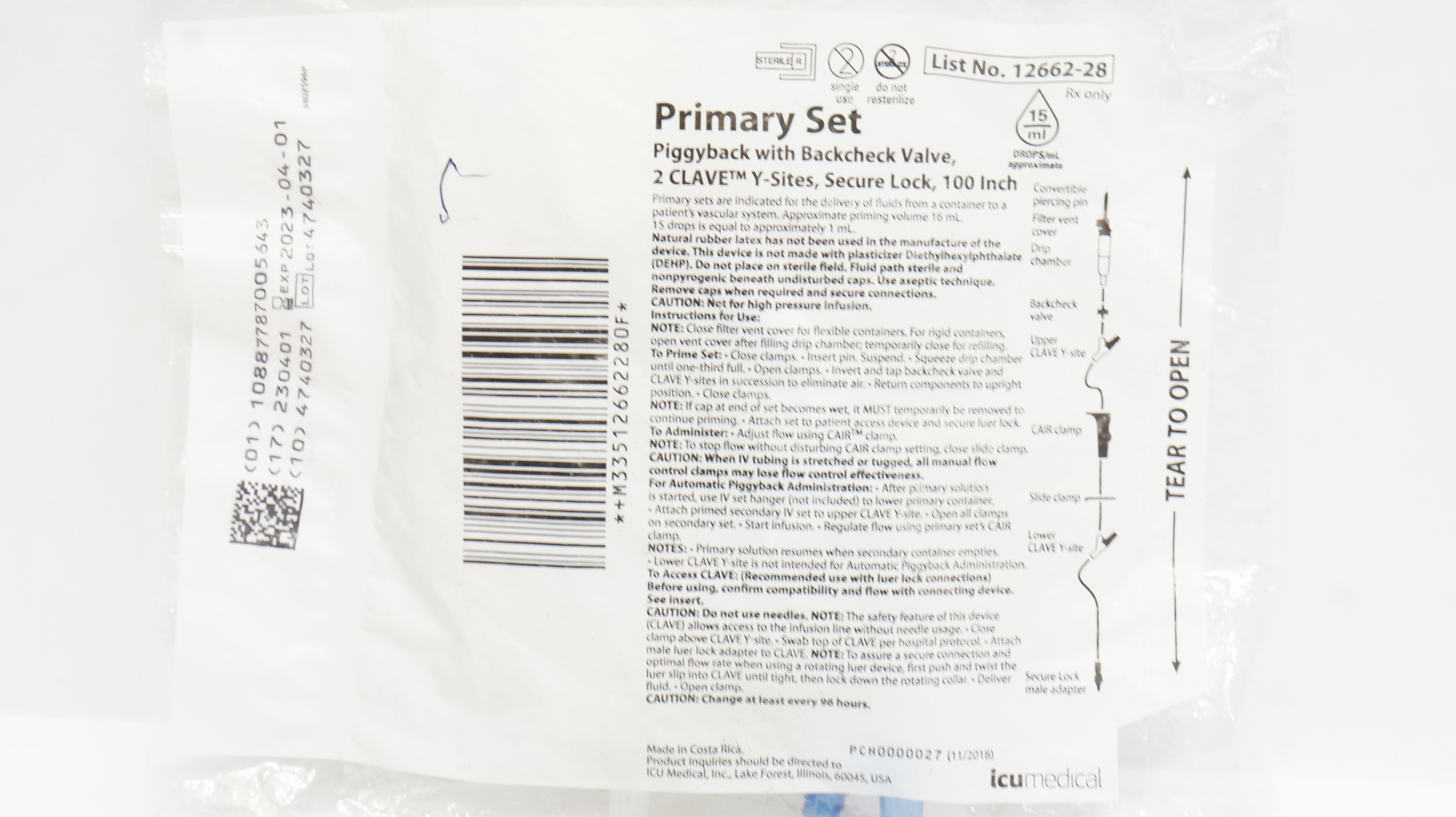 ICU Medical 12662-28 Primary Set Piggyback W/Valve 100inch 15Drops/mL (x)