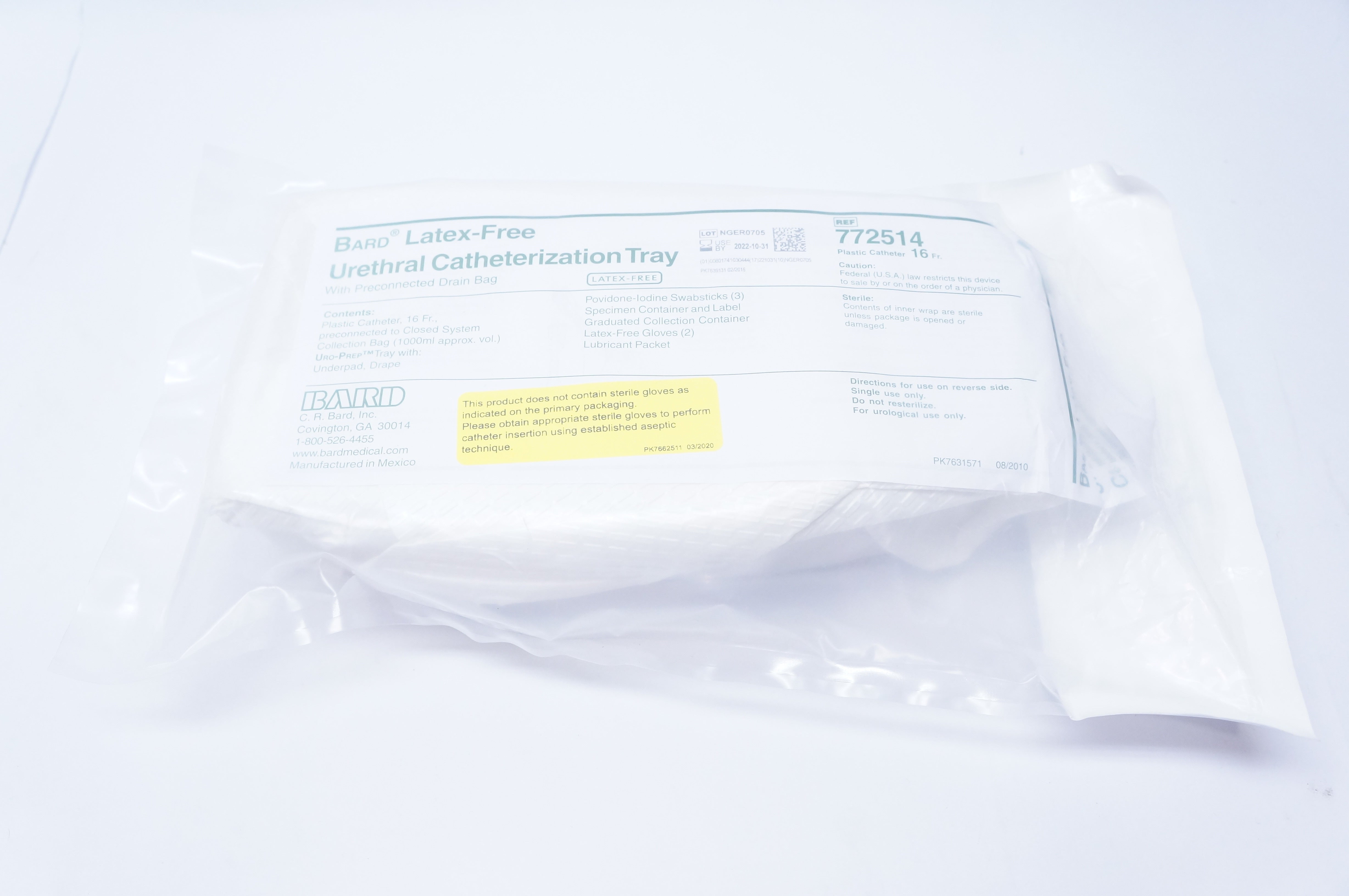 Bard 772514 Latex-Free Urethral Catheterization Tray Plastic Cath. 16Fr.