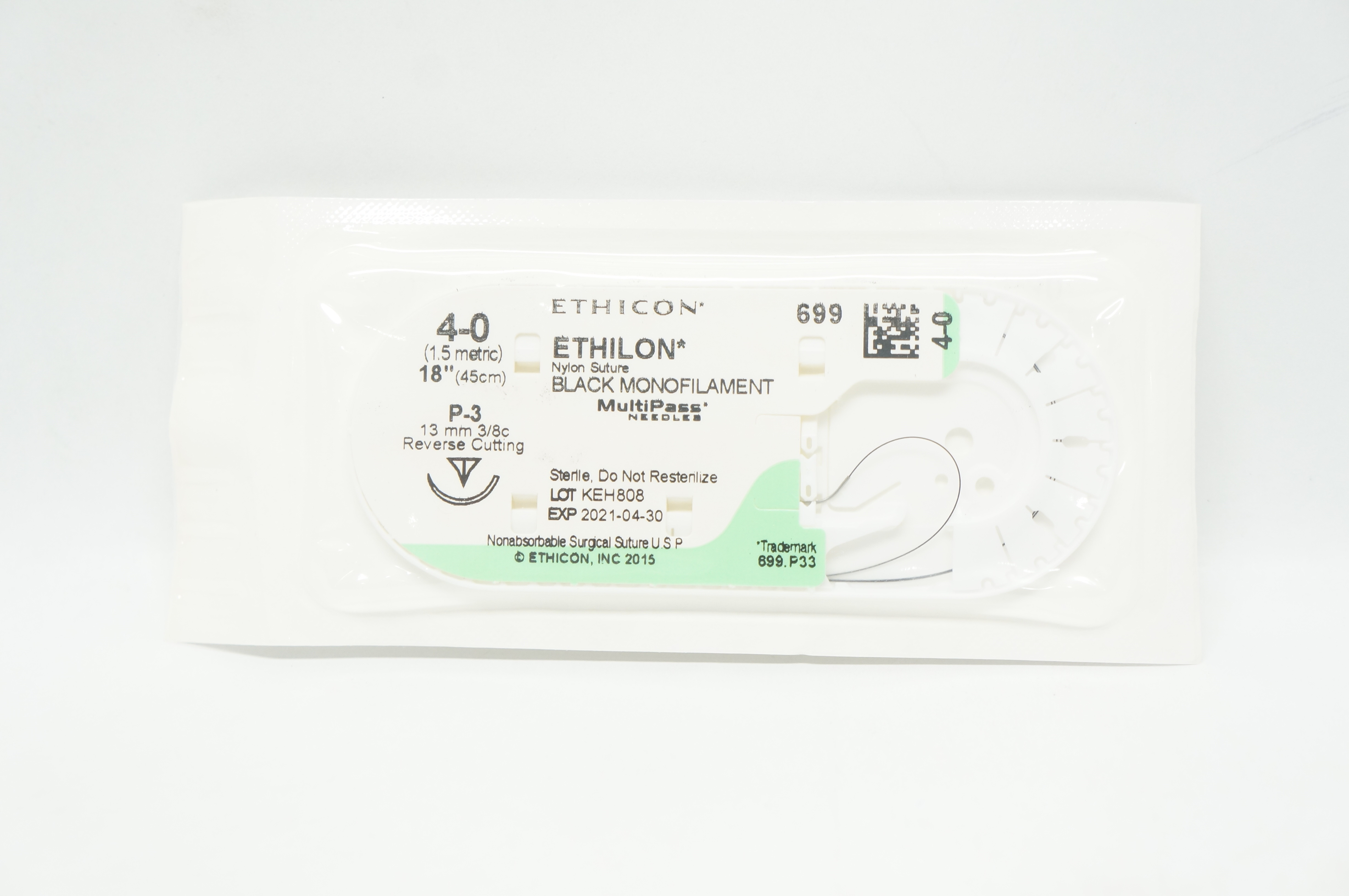 Ethicon 699 4-0  Ethilon Nylon Stre P-3 13mm 3/8c Reverse Cutting 18inch (x)