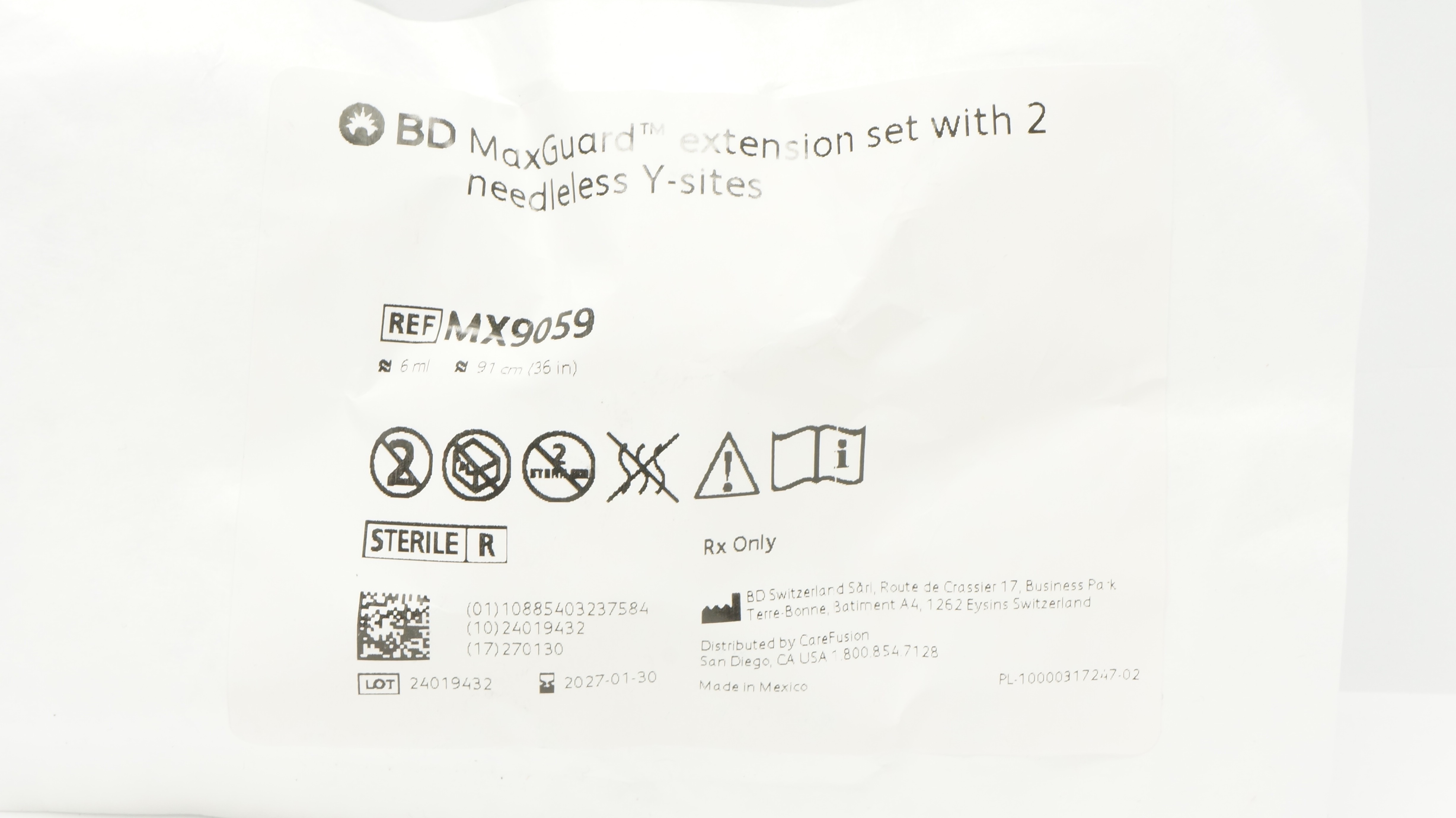 BD MX9059 MaxGuard Extension Set W/2 Needleless Y-Sites 6 x 36inch