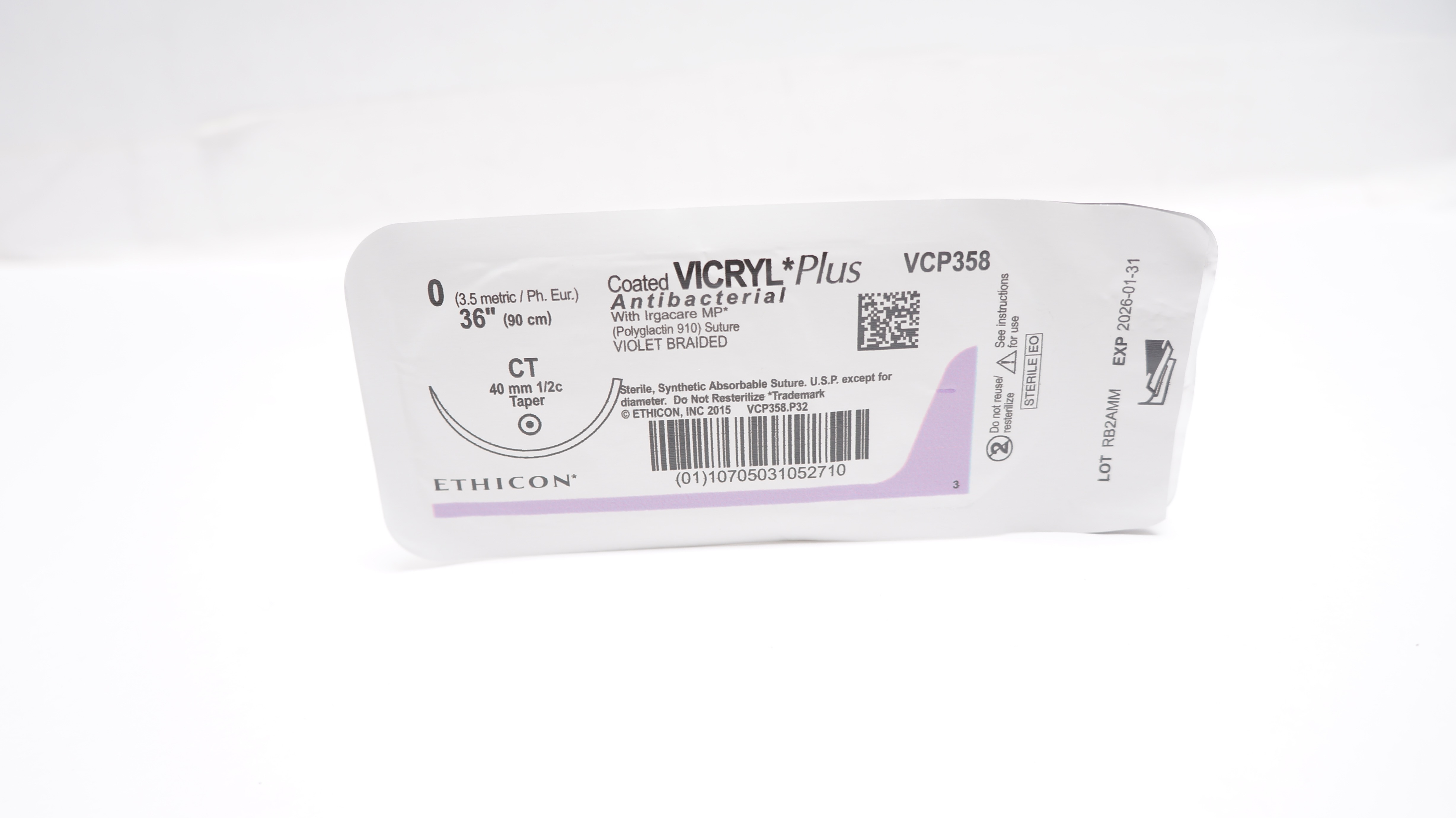 Ethicon VCP358 0 Coated Vicryl Plus Stre CT 40mm 1/2c Taper, 36inch