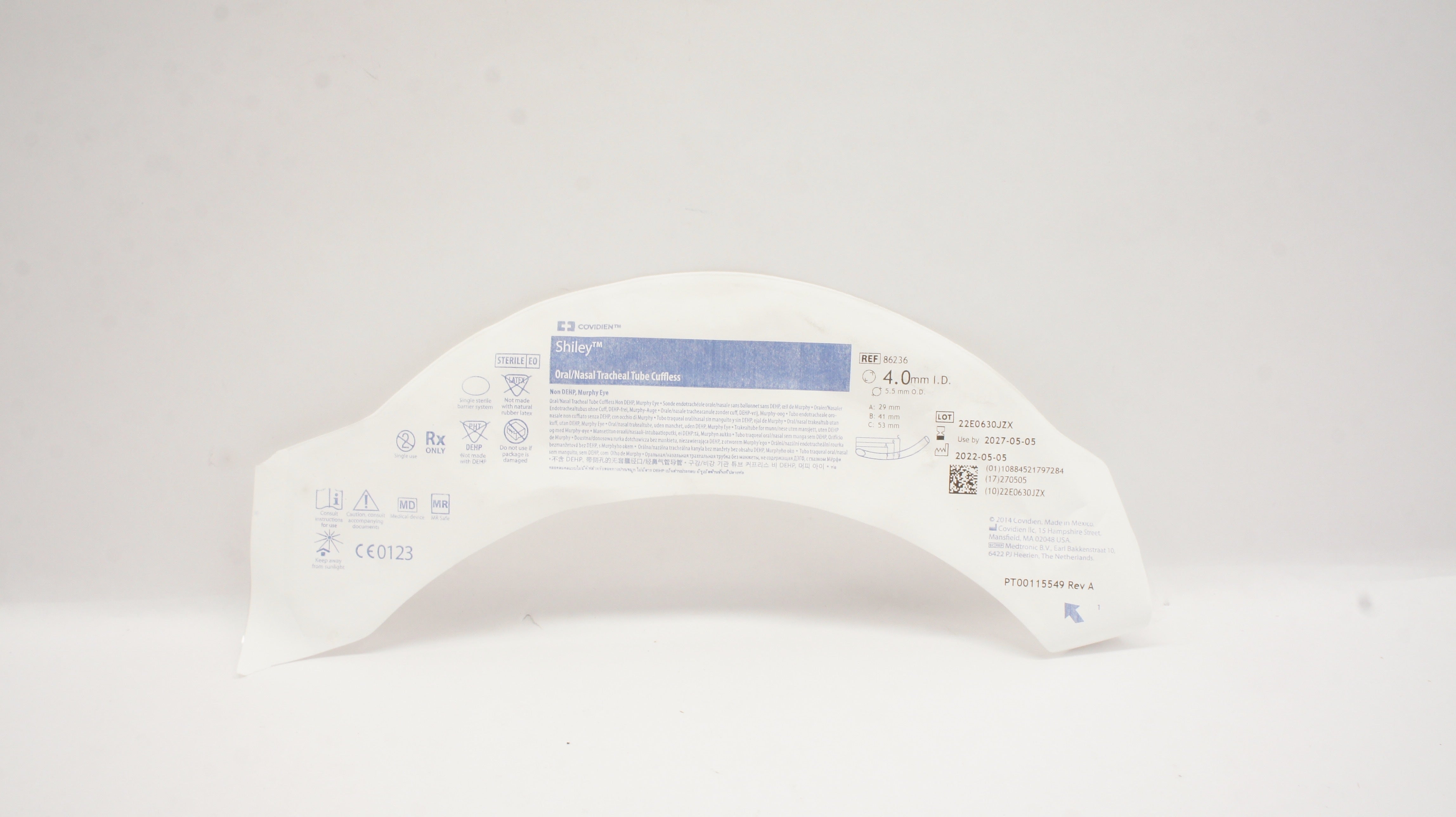 Covidien 86236 Shiley Oral/Nasal Tracheal Tube Cuffless 4.0m ID x 5.5mm OD