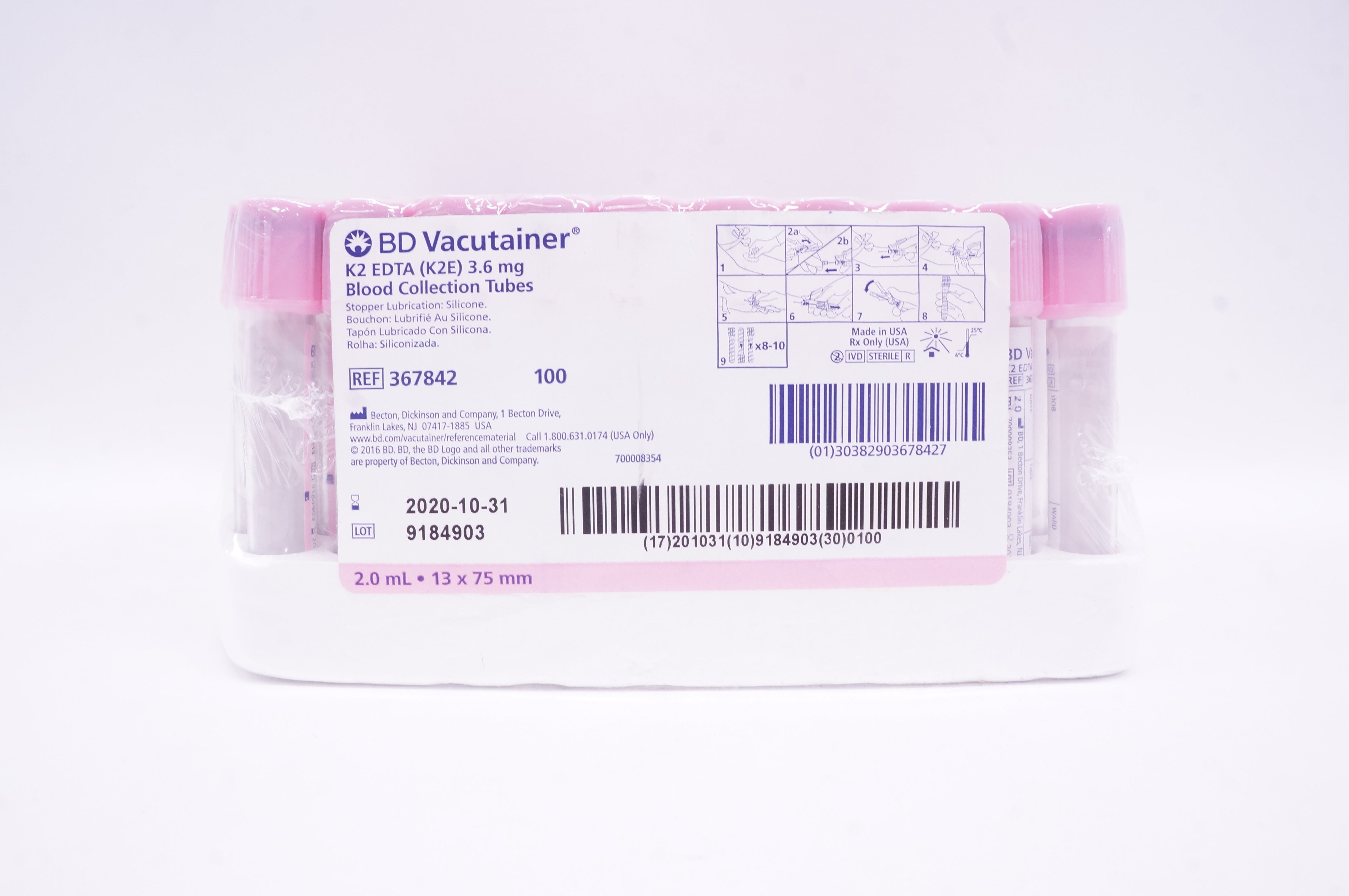 BD 367842 Vacutainer Blood Collection Tubes 2.0 mL x 13 x 75mm (x) - Box of 100