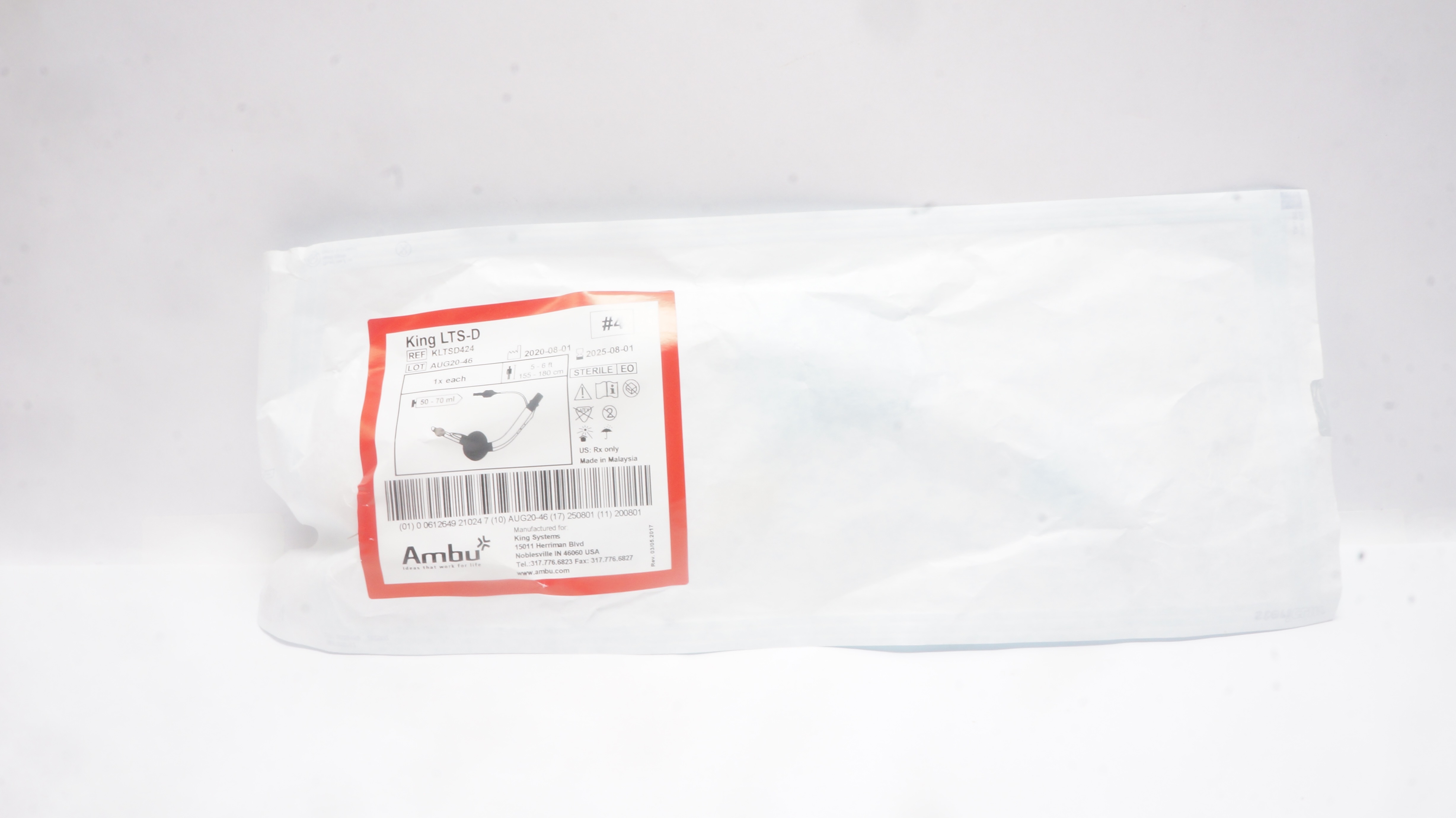 AMBU KLTSD424 King LTS-D Disposable Laryngeal Tube 5-6ft, 50-70ml, #4