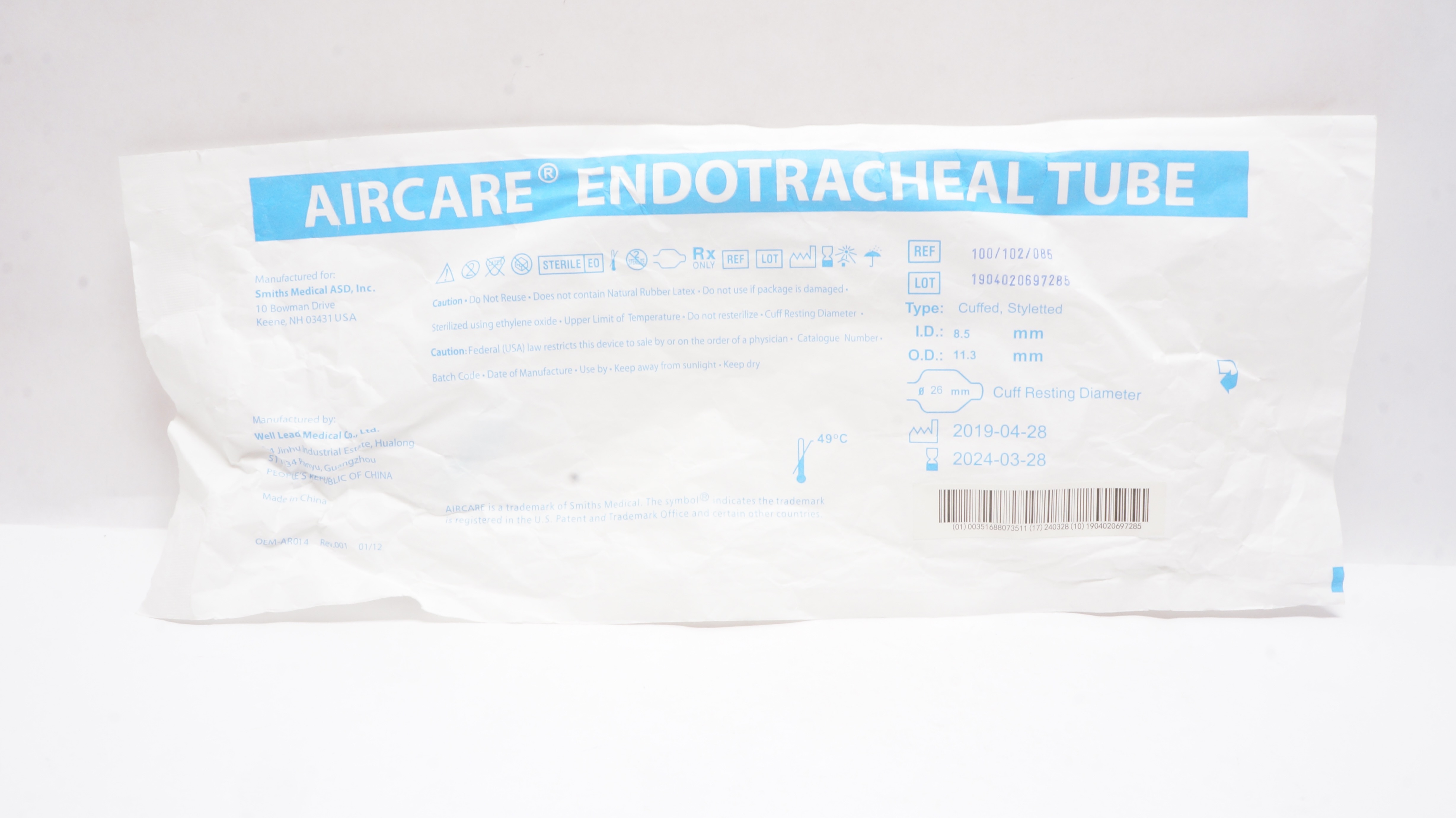 Smiths Medical 100/102/085 Aircare Endotracheal Tube 8.5mm x 11.3mm x 26mm (x)