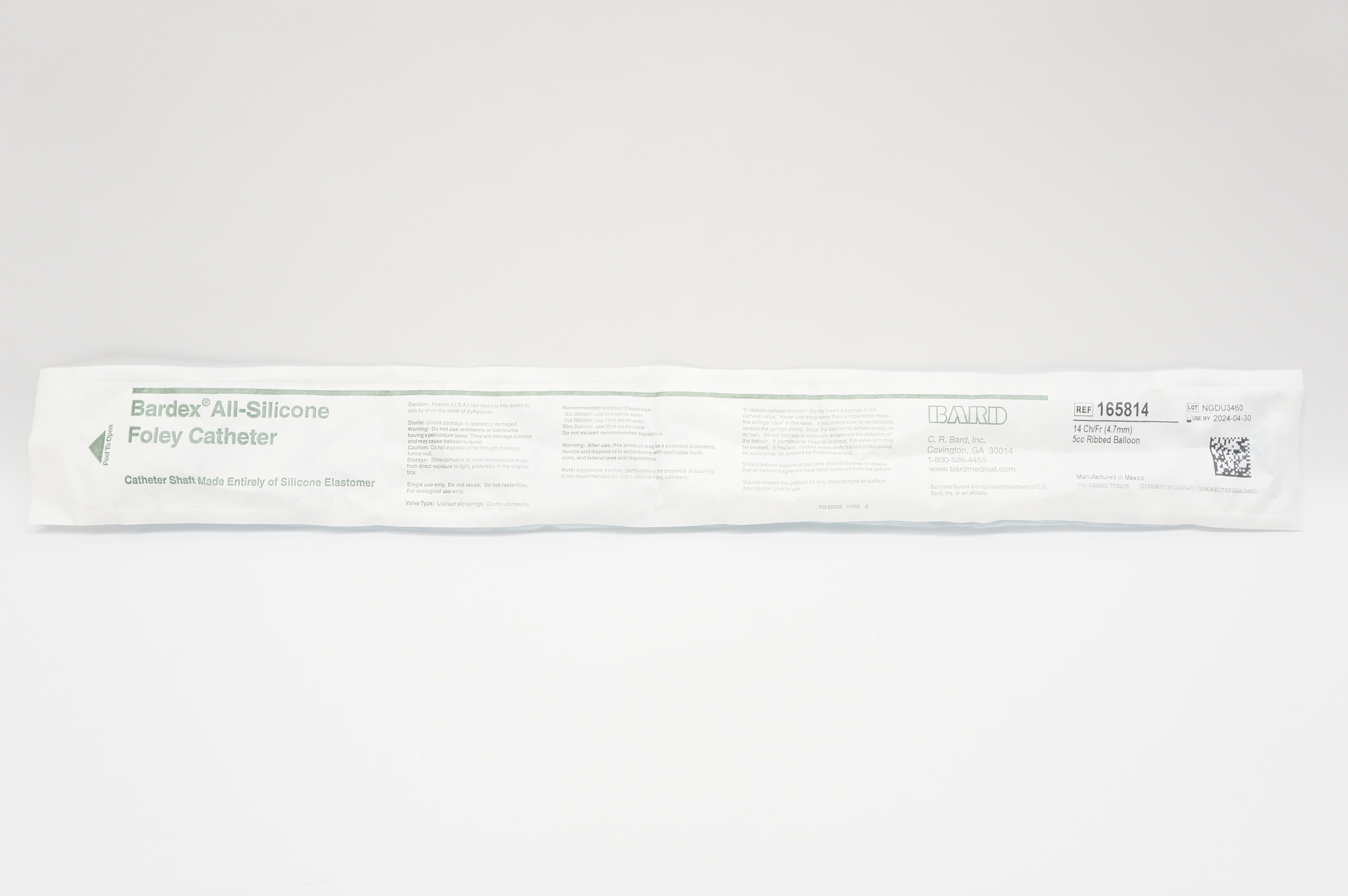 Bard 165814 All-Silicone Foley Cath. 14 Ch/Fr., 5cc Ribbed Balloon