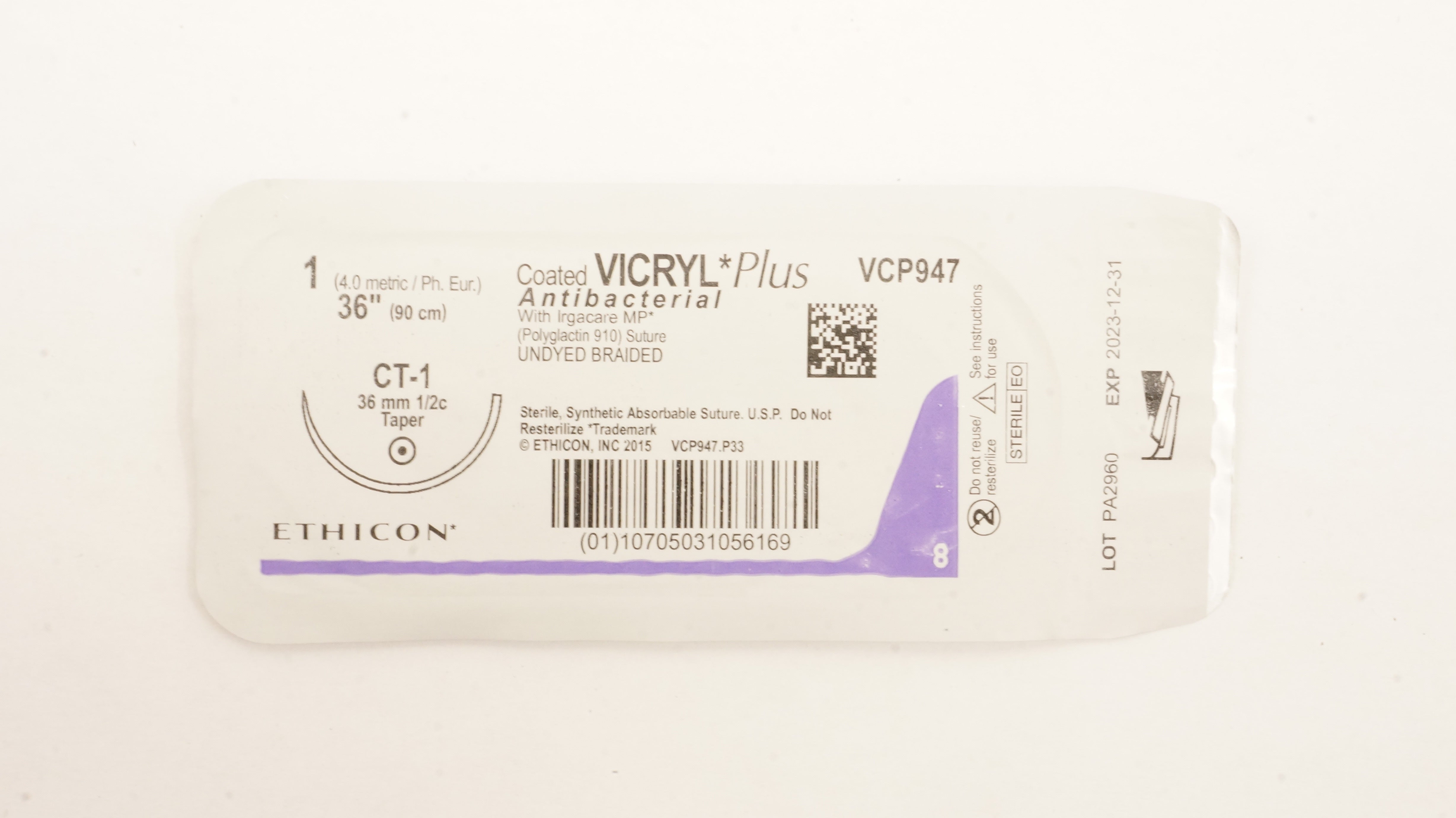 Ethicon VCP947 1 VICRYL Plus Antibacterial Stre CT-1 36mm 1/2c Taper, 36inch