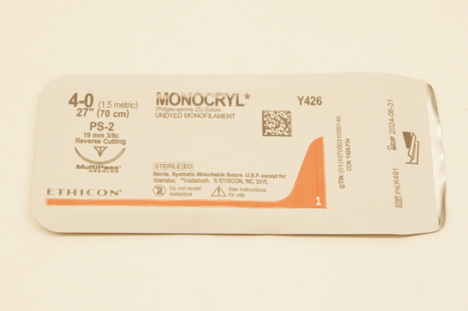 Ethicon Y426 4-0 MONOCRYL, PS-2, 19mm 3/8c Reverse Cutting, 27inch