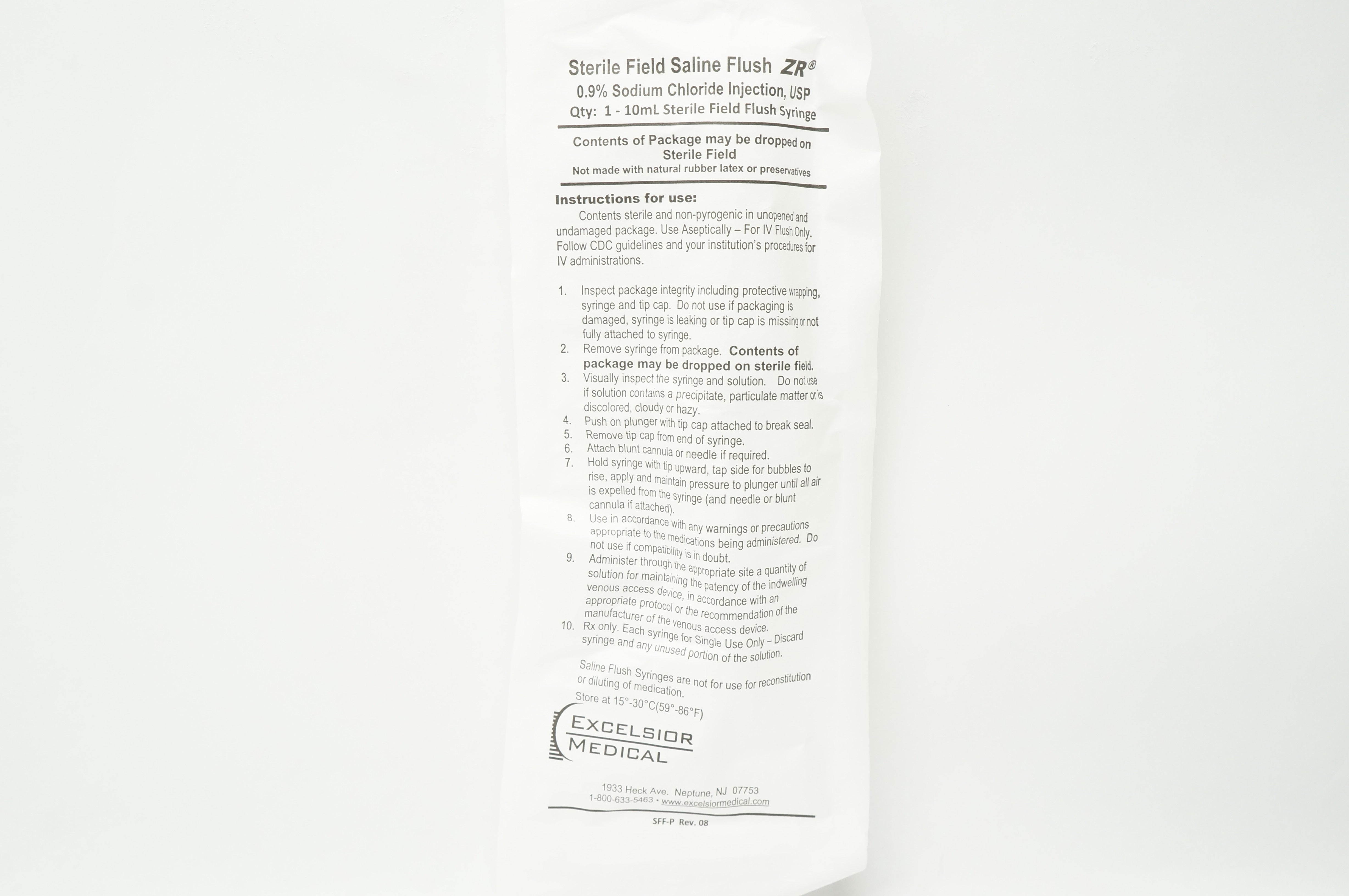 Excelsior Medical Sterile Field Saline Flush ZR 1-10mL Syringe
