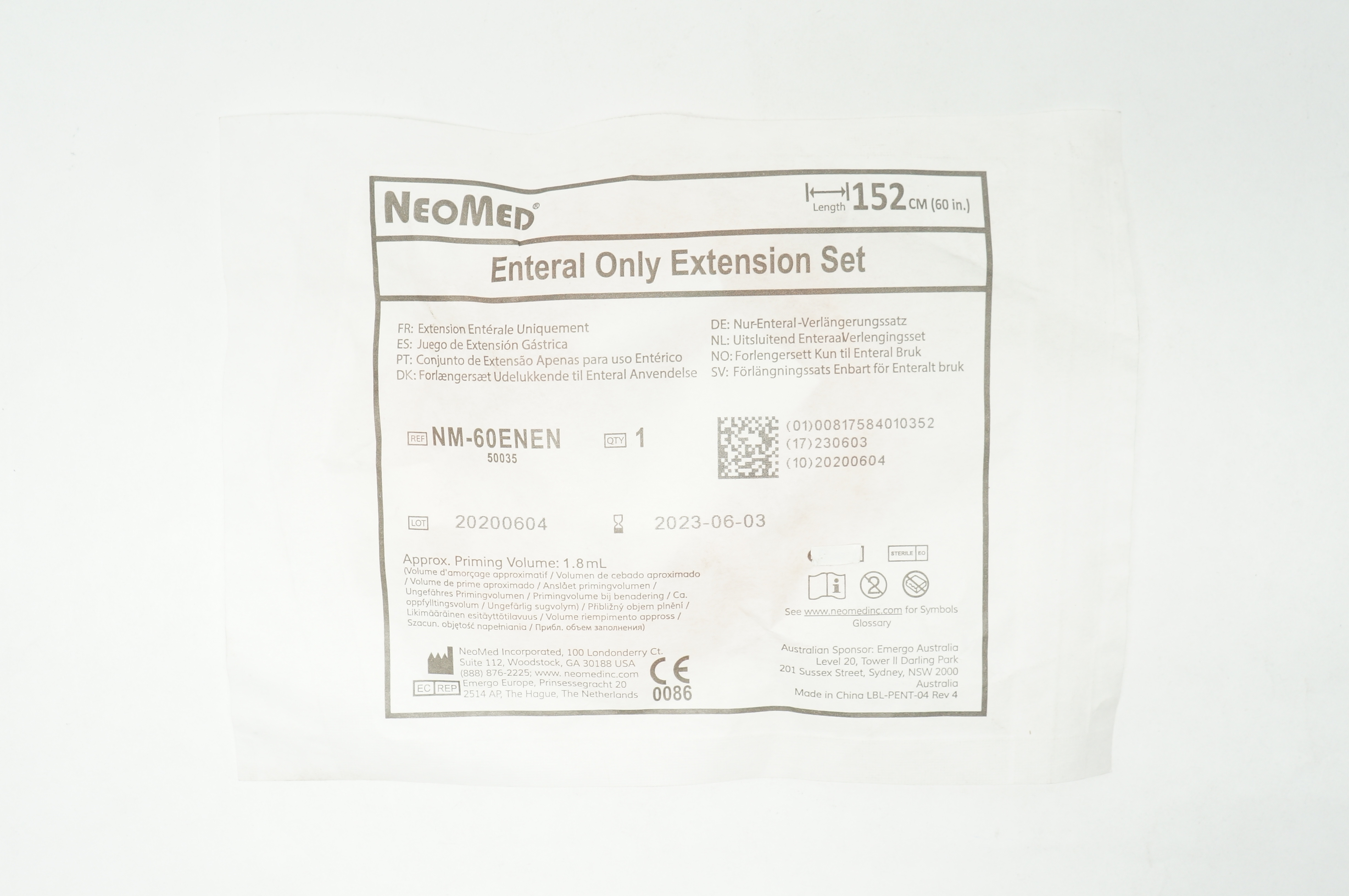 NeoMed NM-60ENEN Enteral Only Extension Set 60inch, Approx. Volume 1.8mL