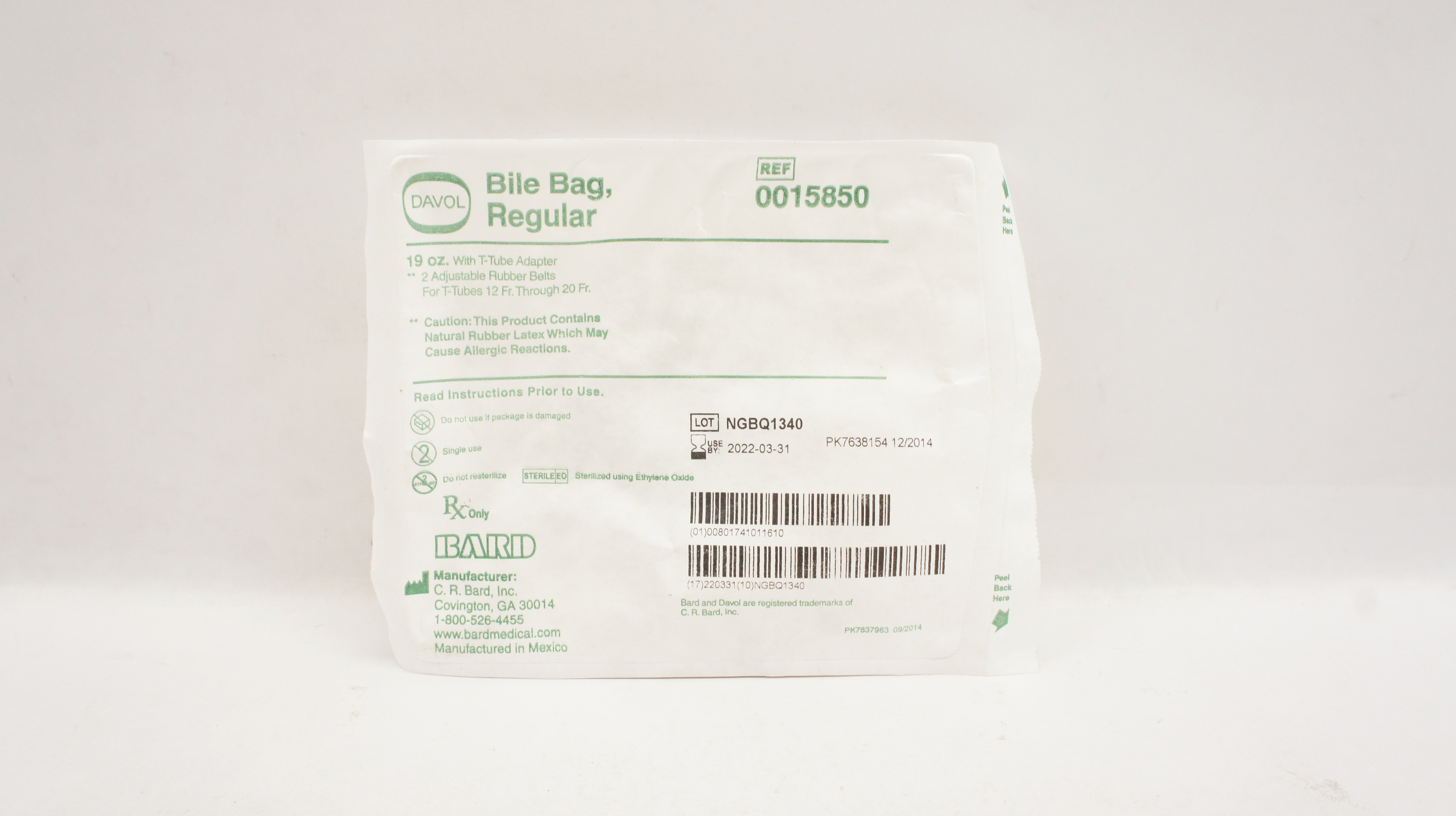 Bard 0015850 Davol Bile Bag, Regular 19oz with T-Tube Adapter (x)