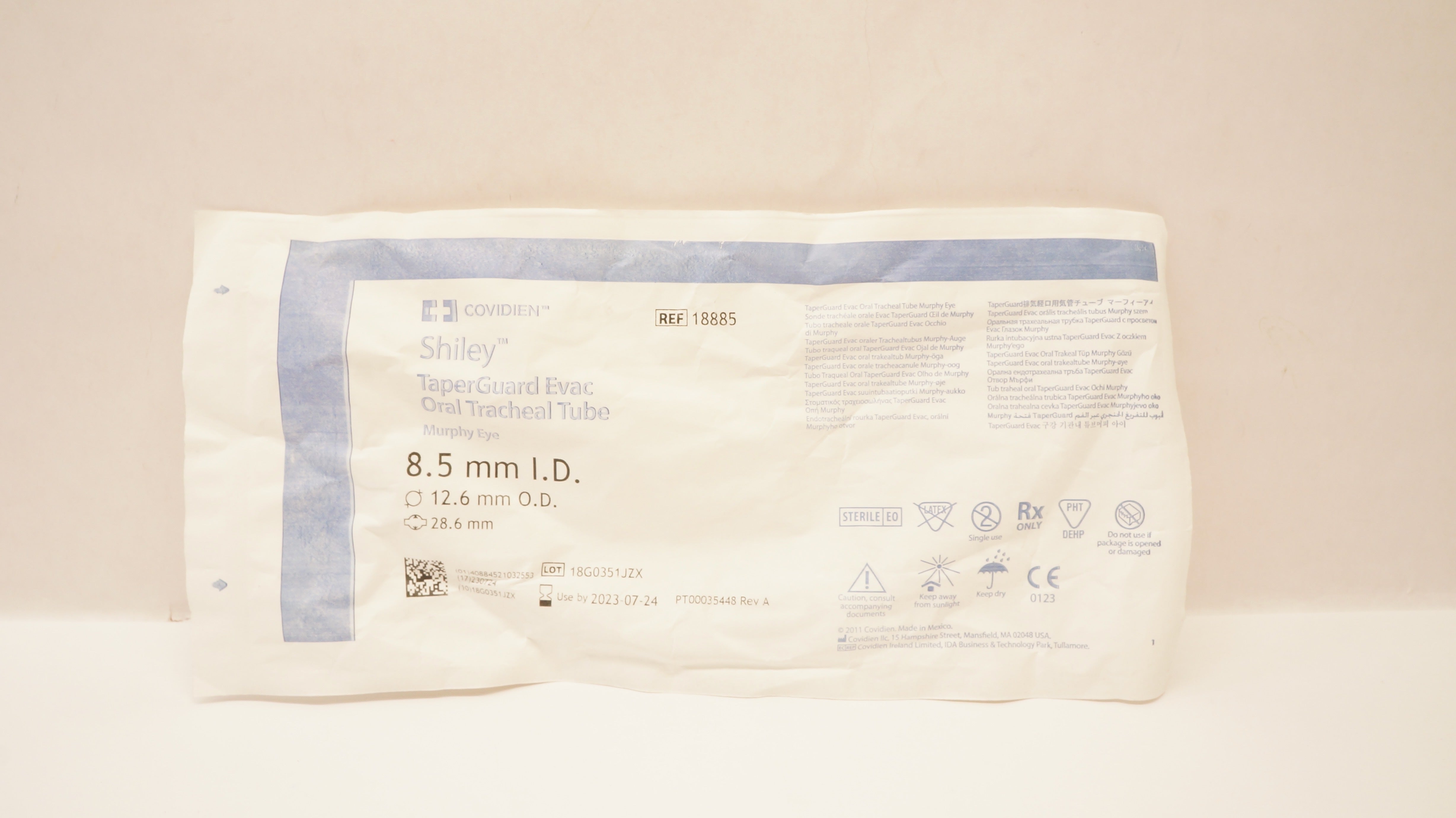 Covidien 18885 Shiley TaperGuard Evac Oral Tracheal Tube 8.5ID x 12.6OD x 28.6mm
