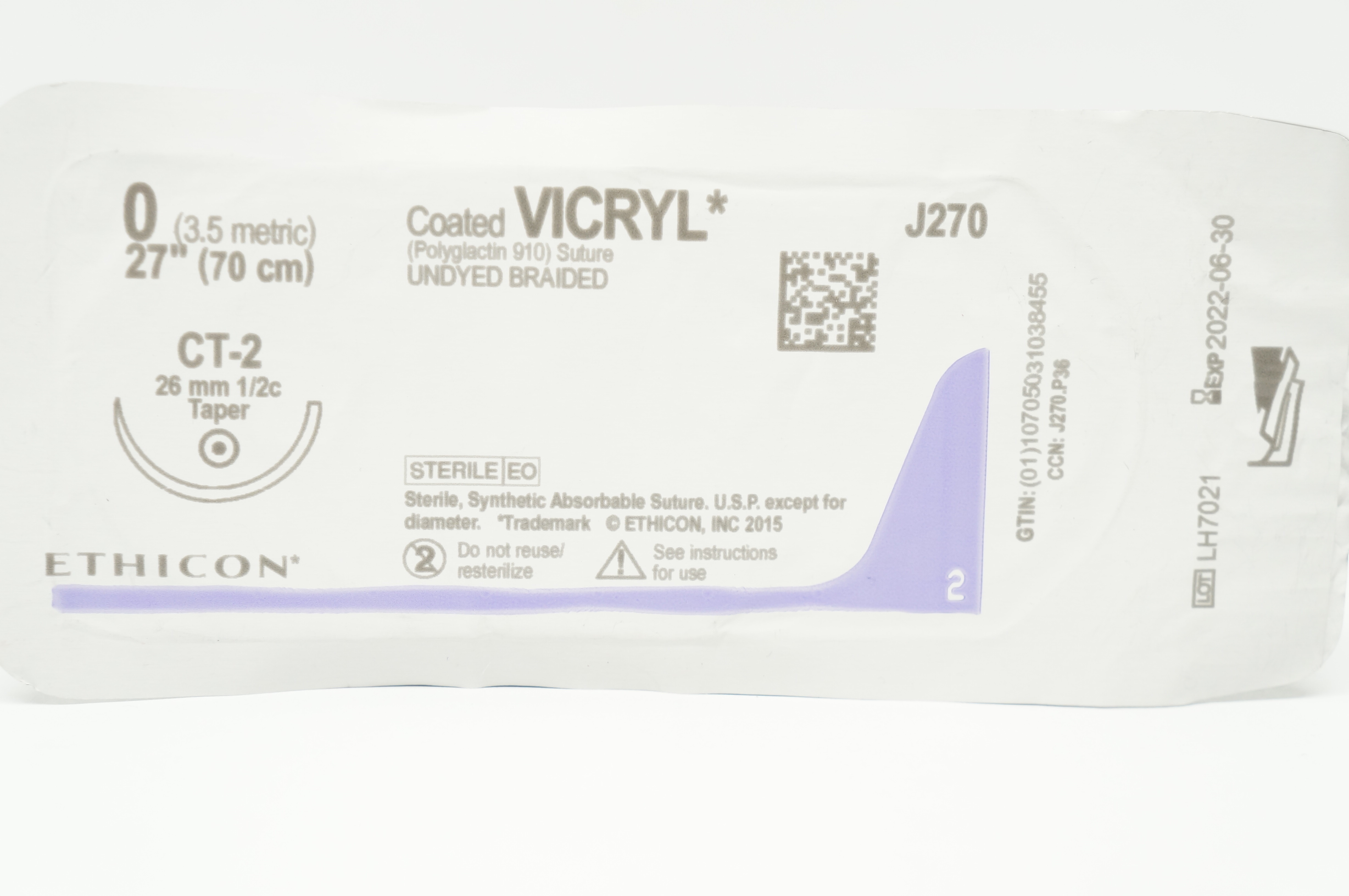 Ethicon J270 0 Coated VICRYL (Polyglactin 910) Stre CT-2 26mm 1/2c Taper 27inch
