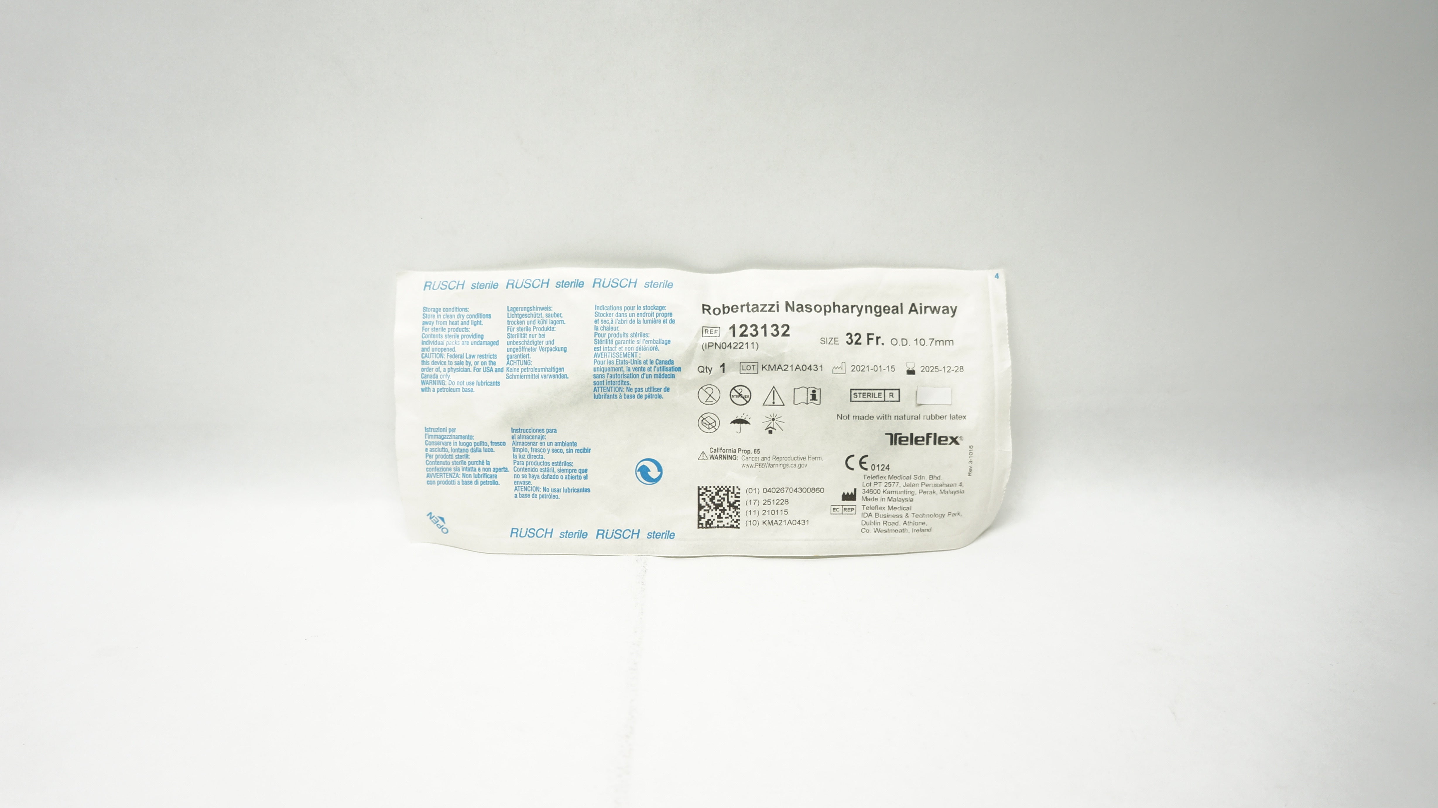 Teleflex 123132 Rusch Robertazzi Nasopharyngeal Airway 32Fr x 10.7mm O.D.
