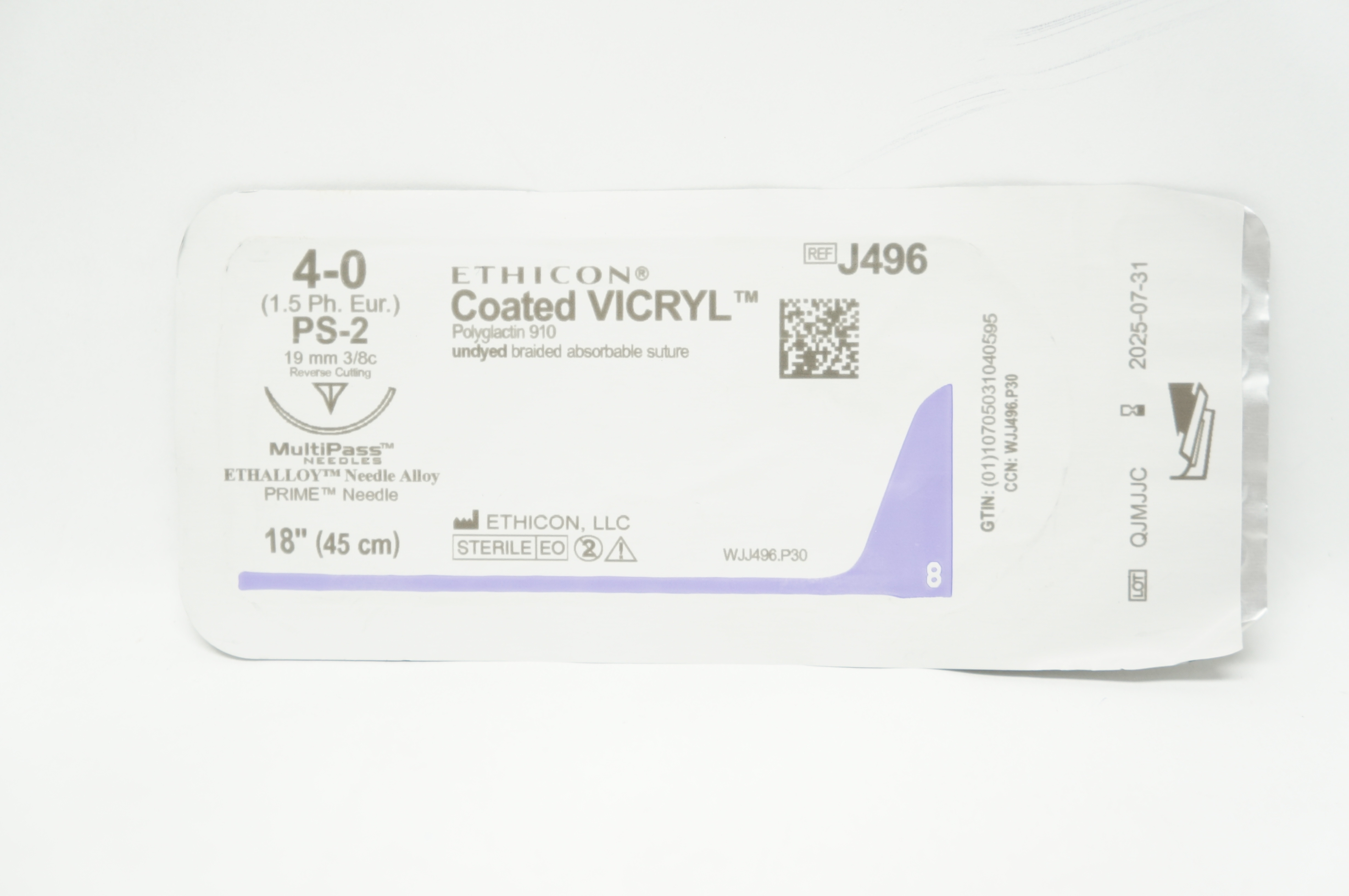 Ethicon J496 4-0 Coated VICRYL Stre PS-2 19mm 3/8c Reverse Cutting, 18inch
