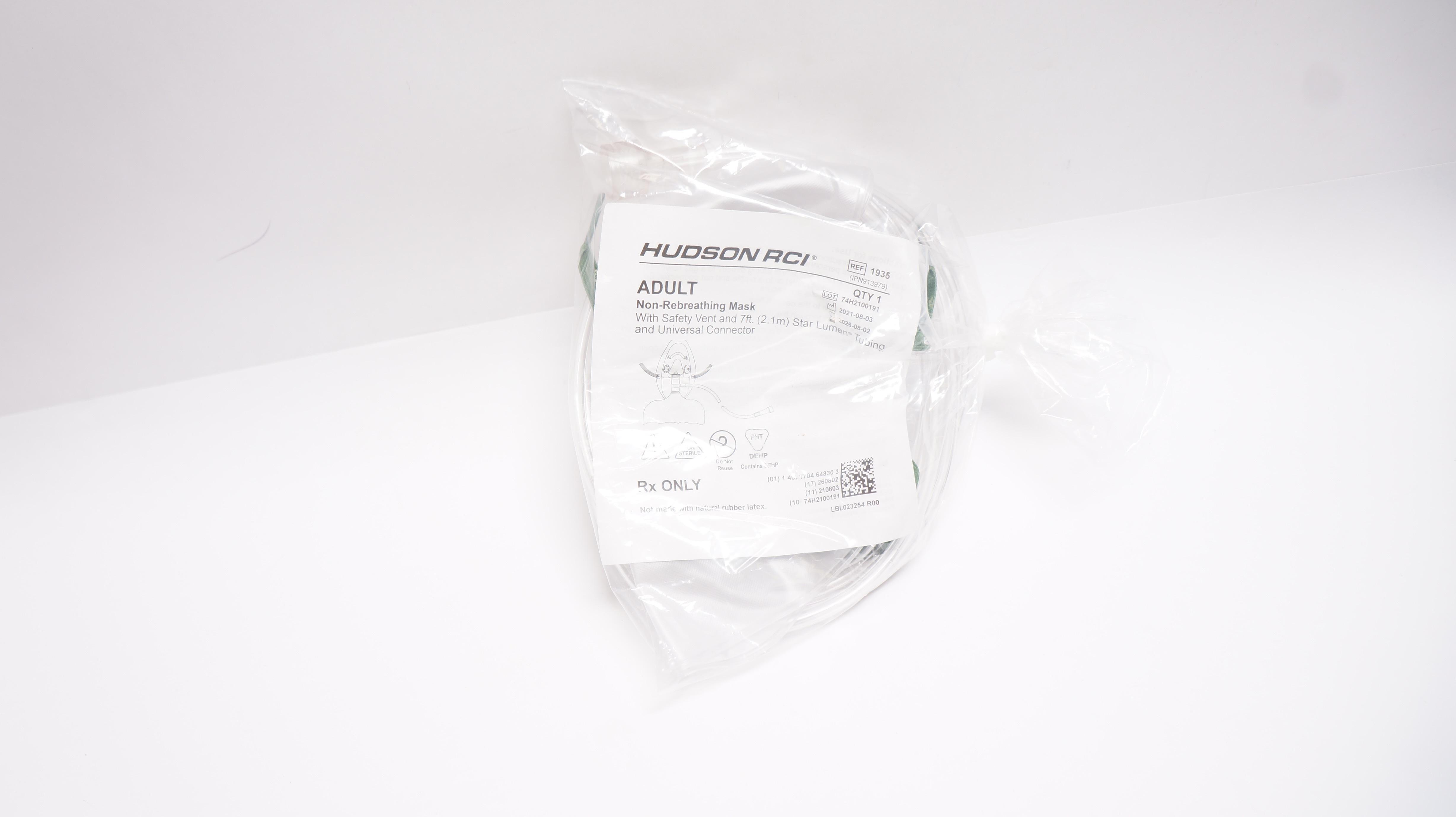 Hudson RCI 1935 Adult Non-Rebreathing Mask w/Safety Vent, 7Ft.Tubing & Connector