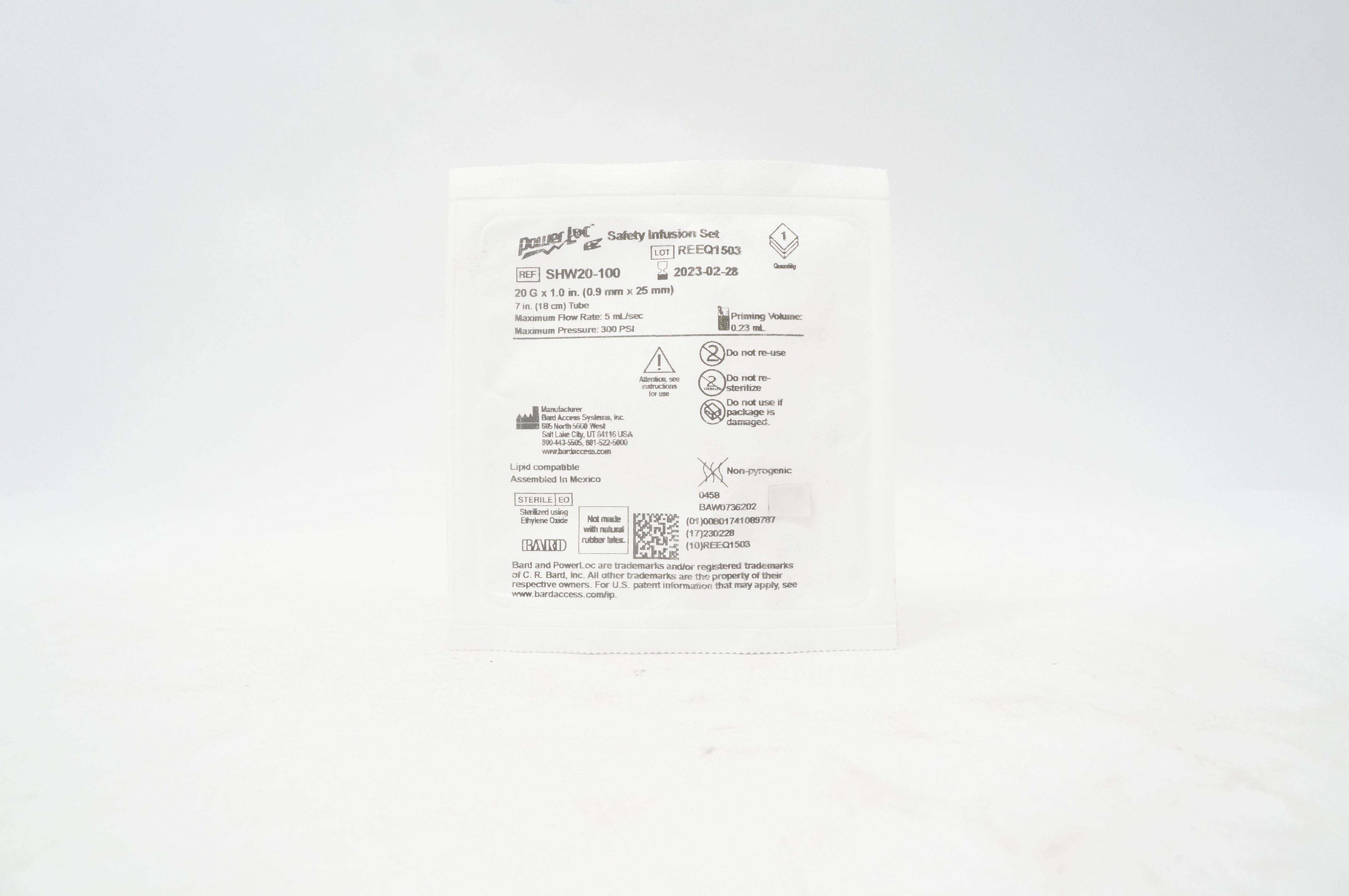 Bard SHW20-100 Power loc Safety Infusion Set 20G x 1.0 inch, Priming Vol. 0.23mL