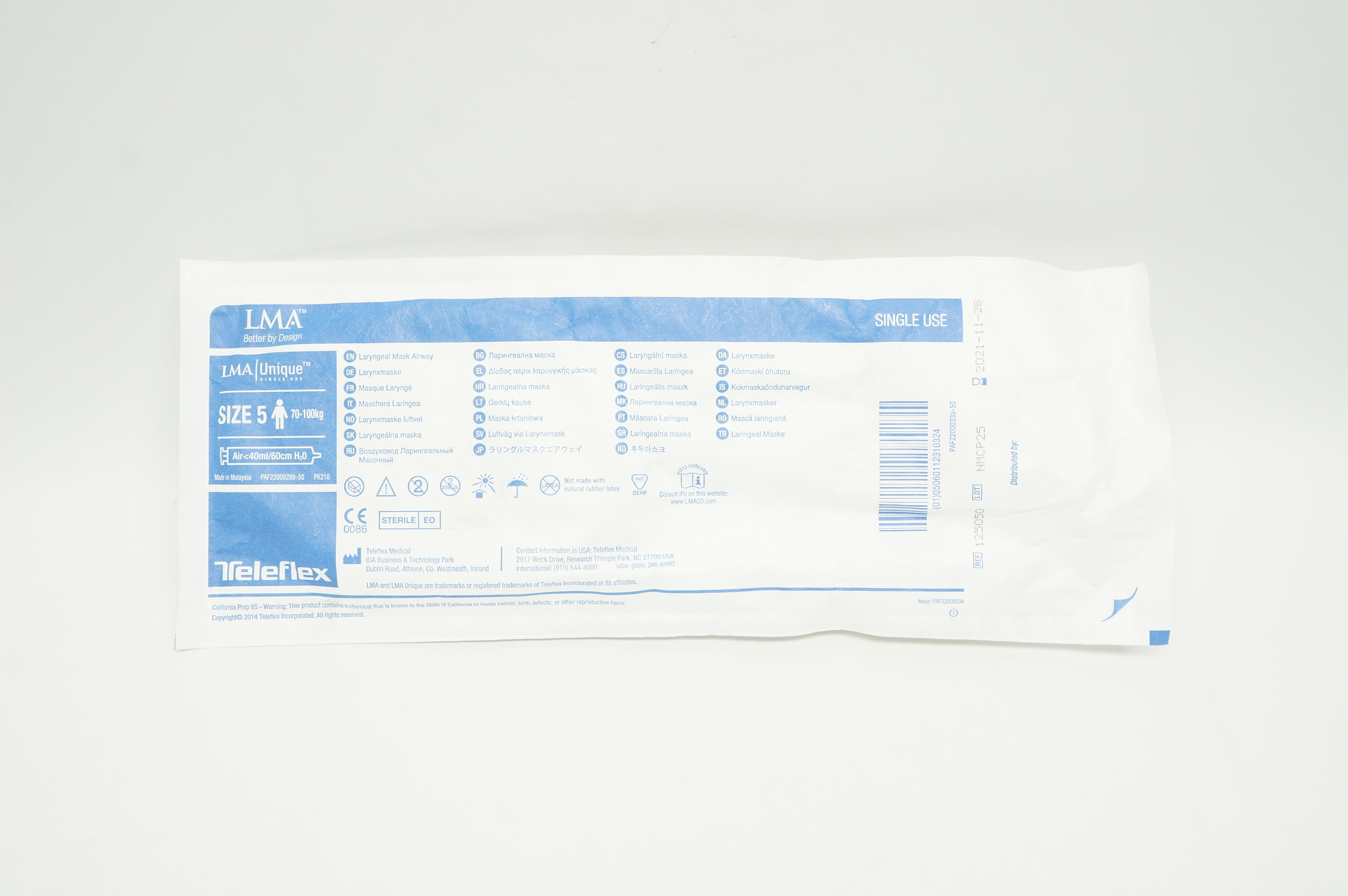 Teleflex 125050 LMA Unique Laryngeal Mask Airway, Size 5 70-100kg