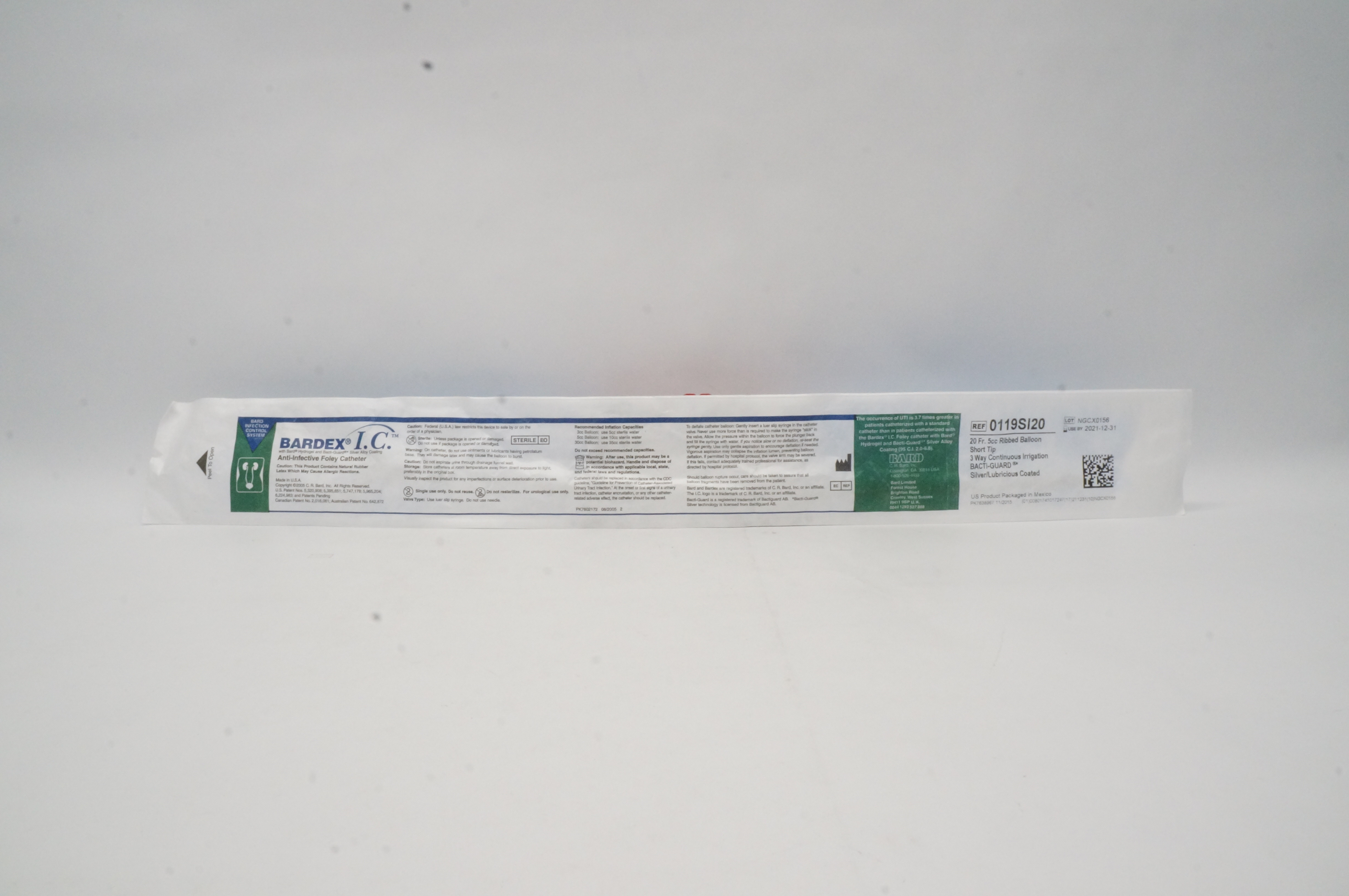 Bard 0119SI20 Bardex I.C. Anti-Infective Foley Cath. 20Fr 5cc Ribbed Balloon