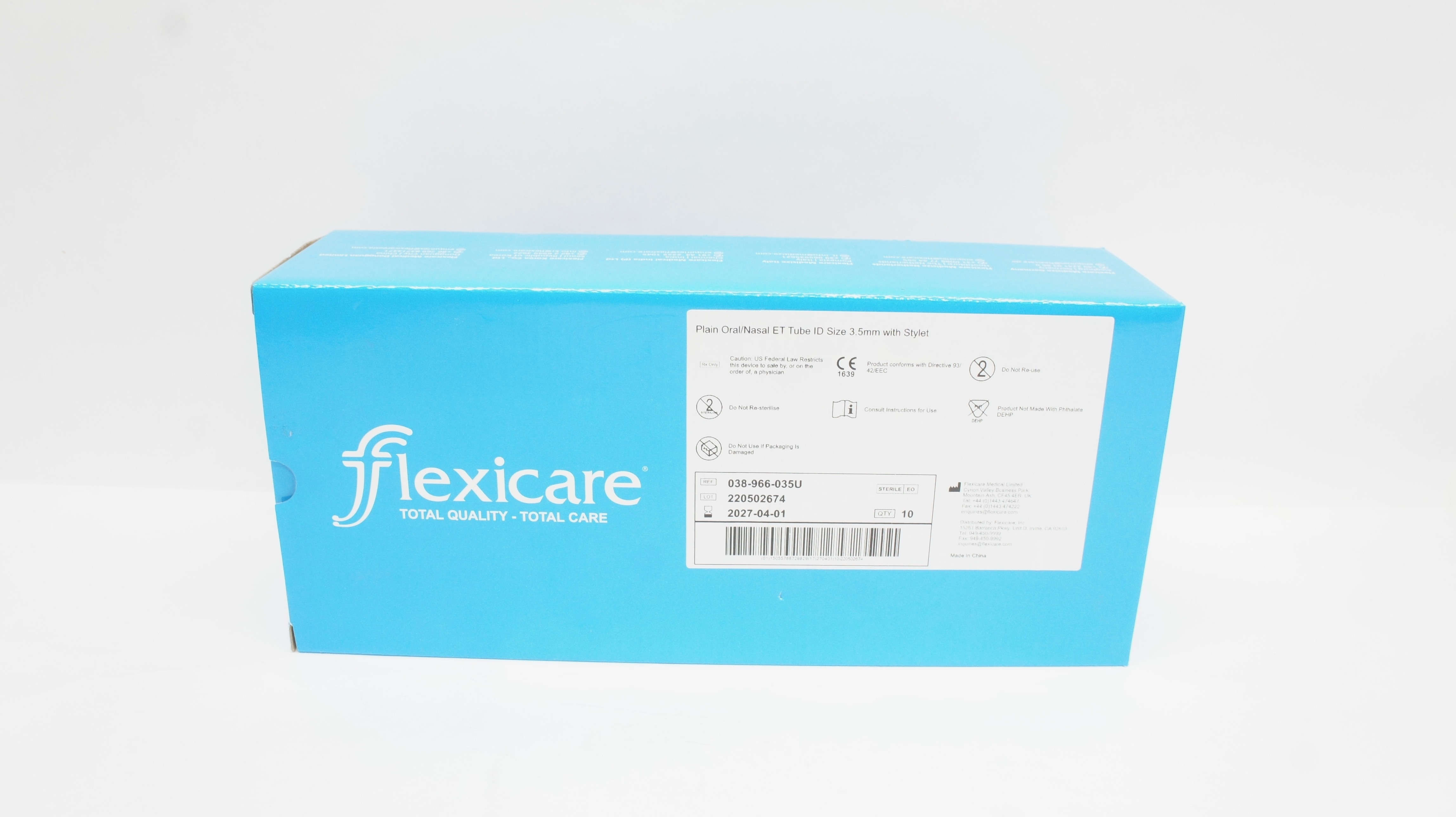 Flexicare 038-966-035U Plain ORal/Nasal ET Tube 3.5mm w/Stylet - Box of 10