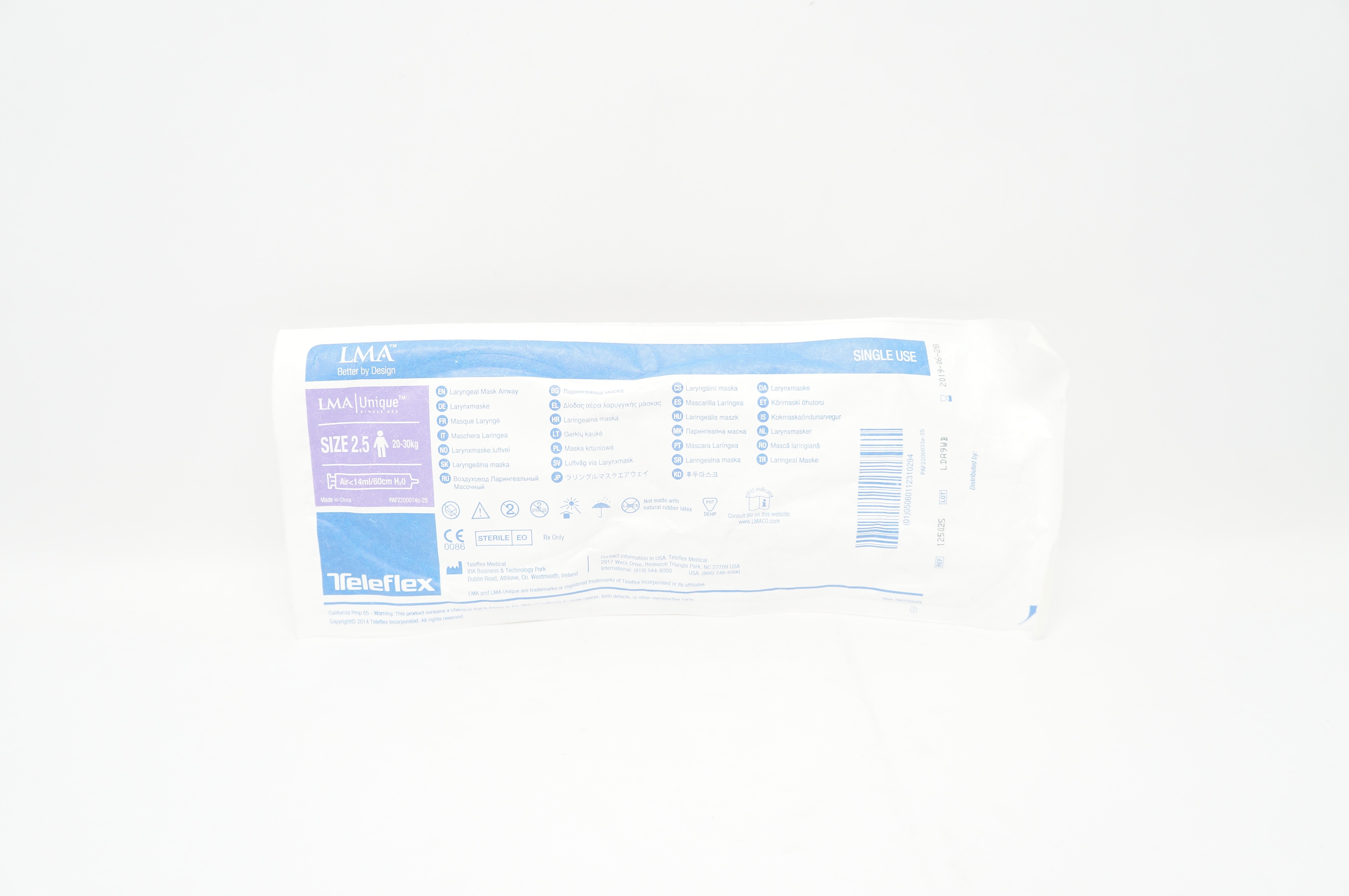 Teleflex 125025 LMA Unique Laryngeal Mask Airway Size 2.5 20-30kg (x)