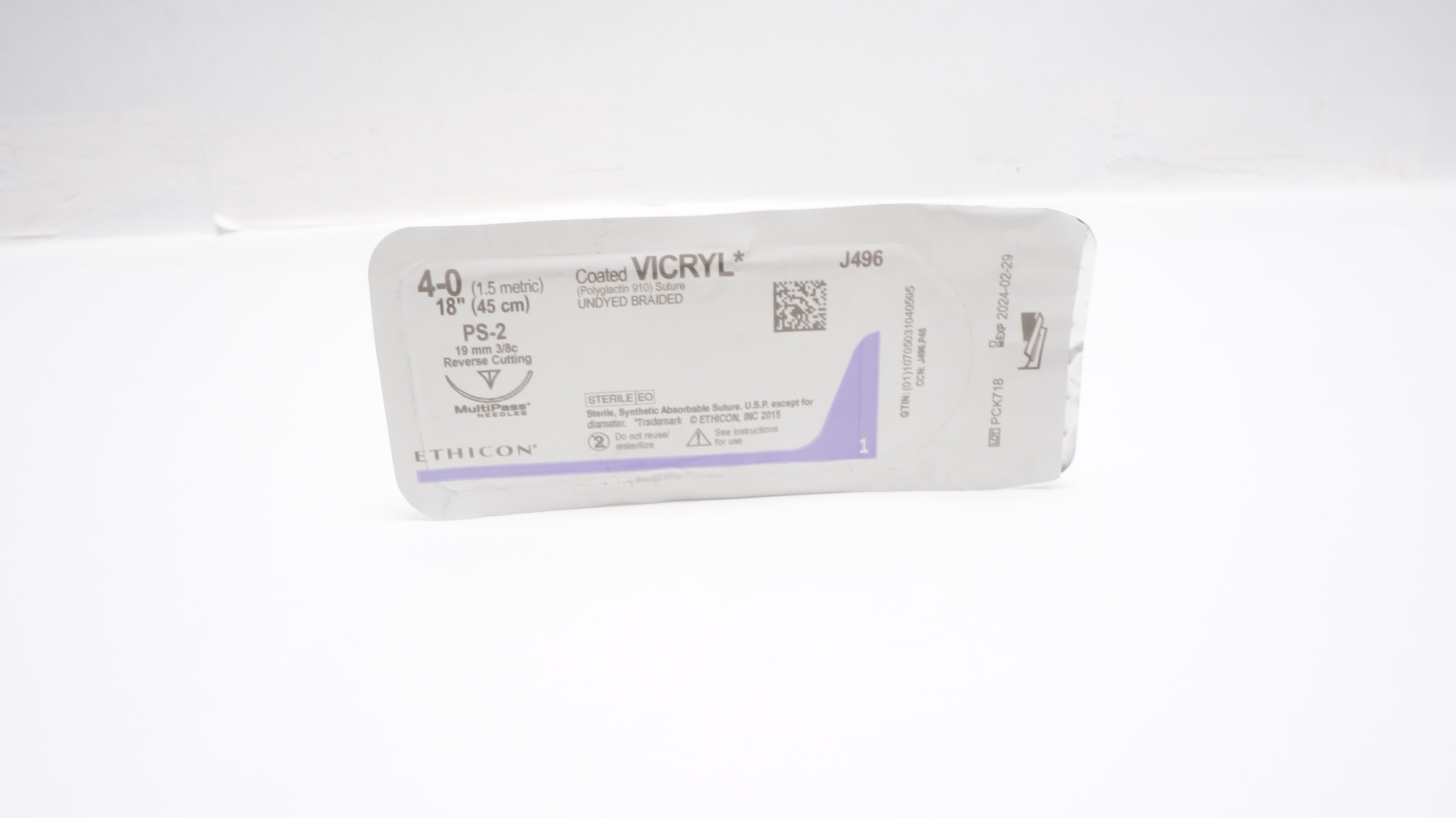 Ethicon J496 4-0 Coated VICRYL Stre PS-2 19mm 3/8c Reverse Cutting 18inch (x)