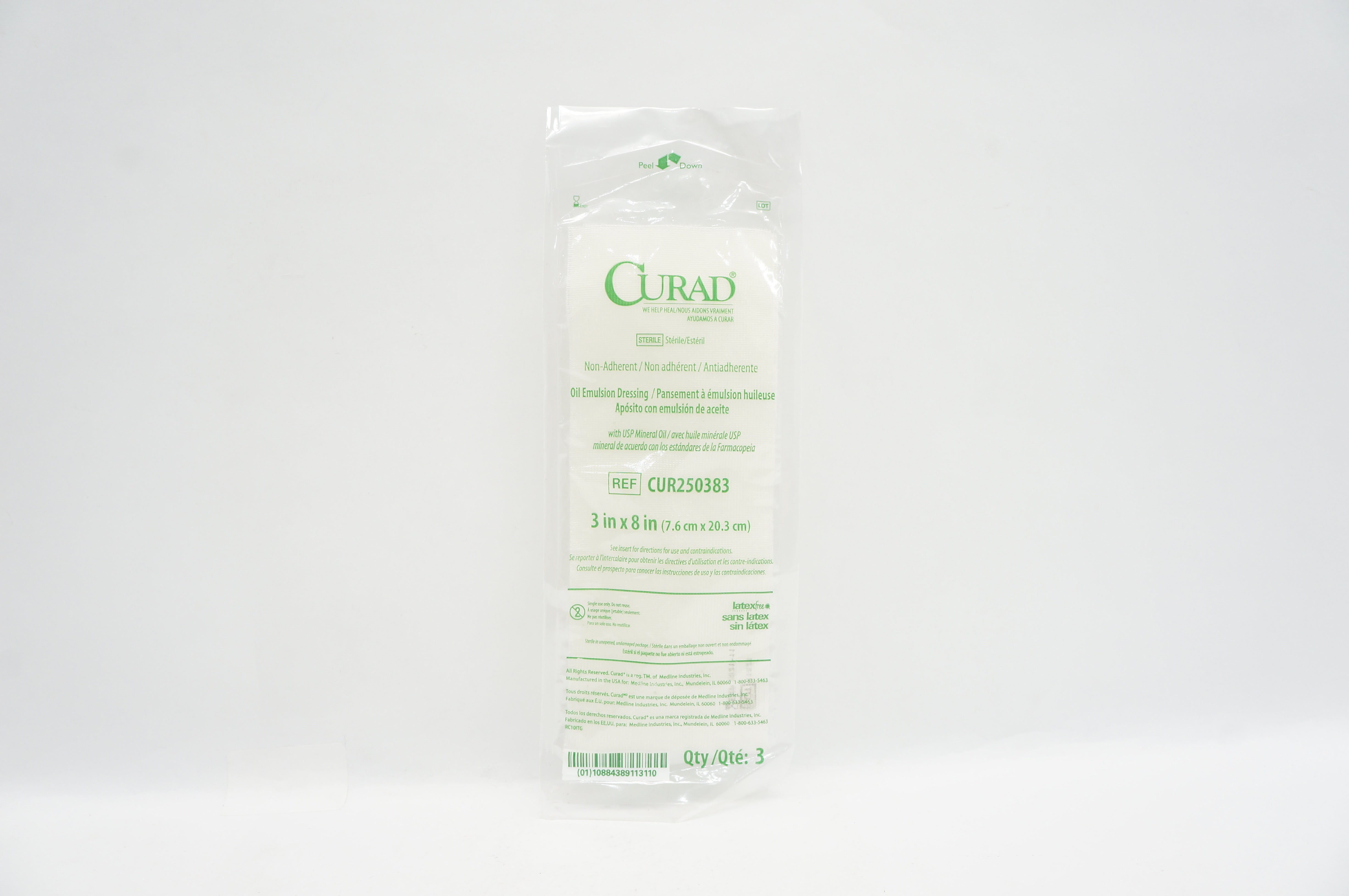 Medline CUR250383 Curad Non-Adherent Oil Emulsion Dressing 3 x 8in (x)-Pack of 3