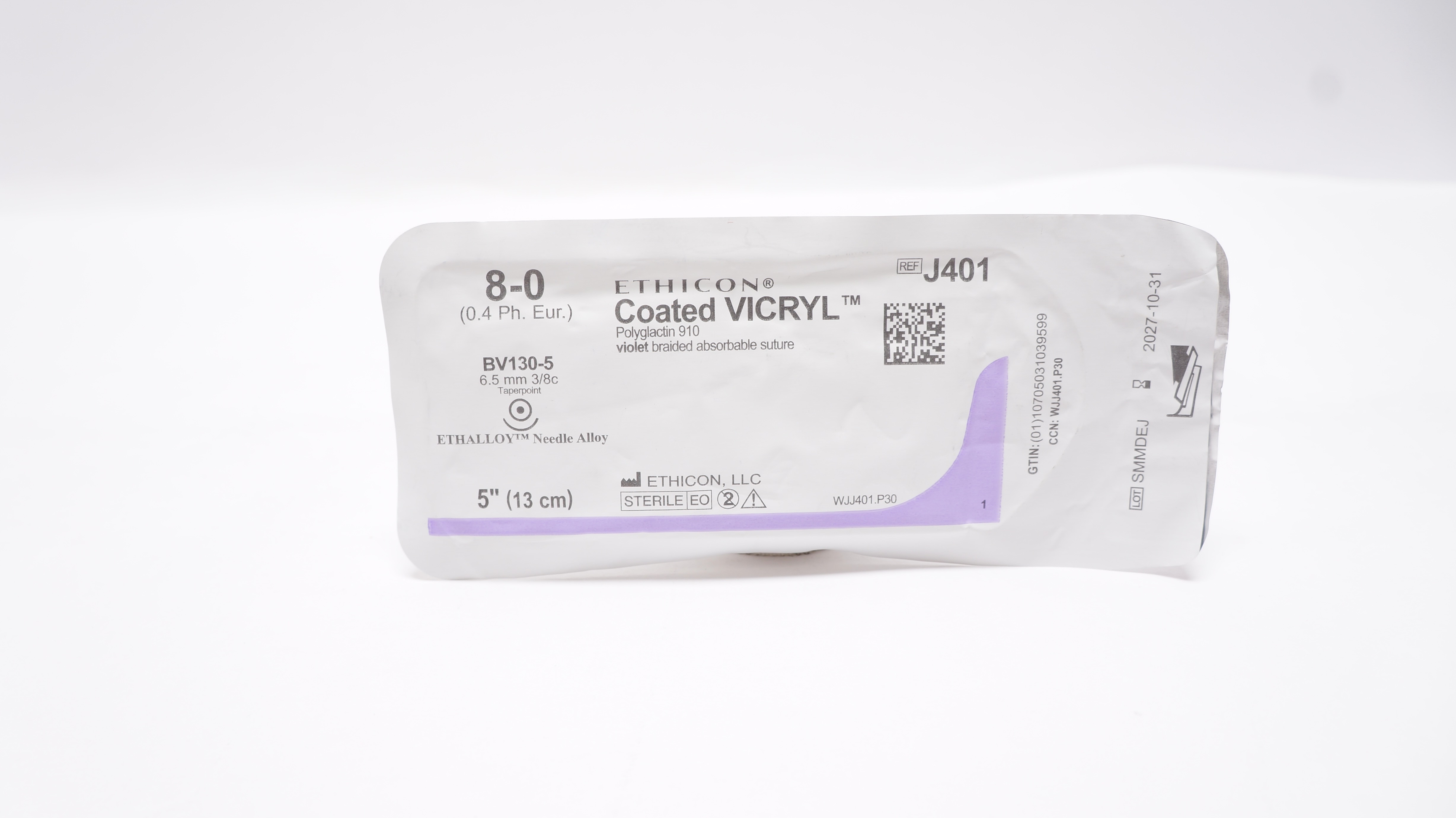 Ethicon J401 8-0 Coated VICRYL Stre BV130-5 6.5mm 3/8c Taperpoint, 5inch