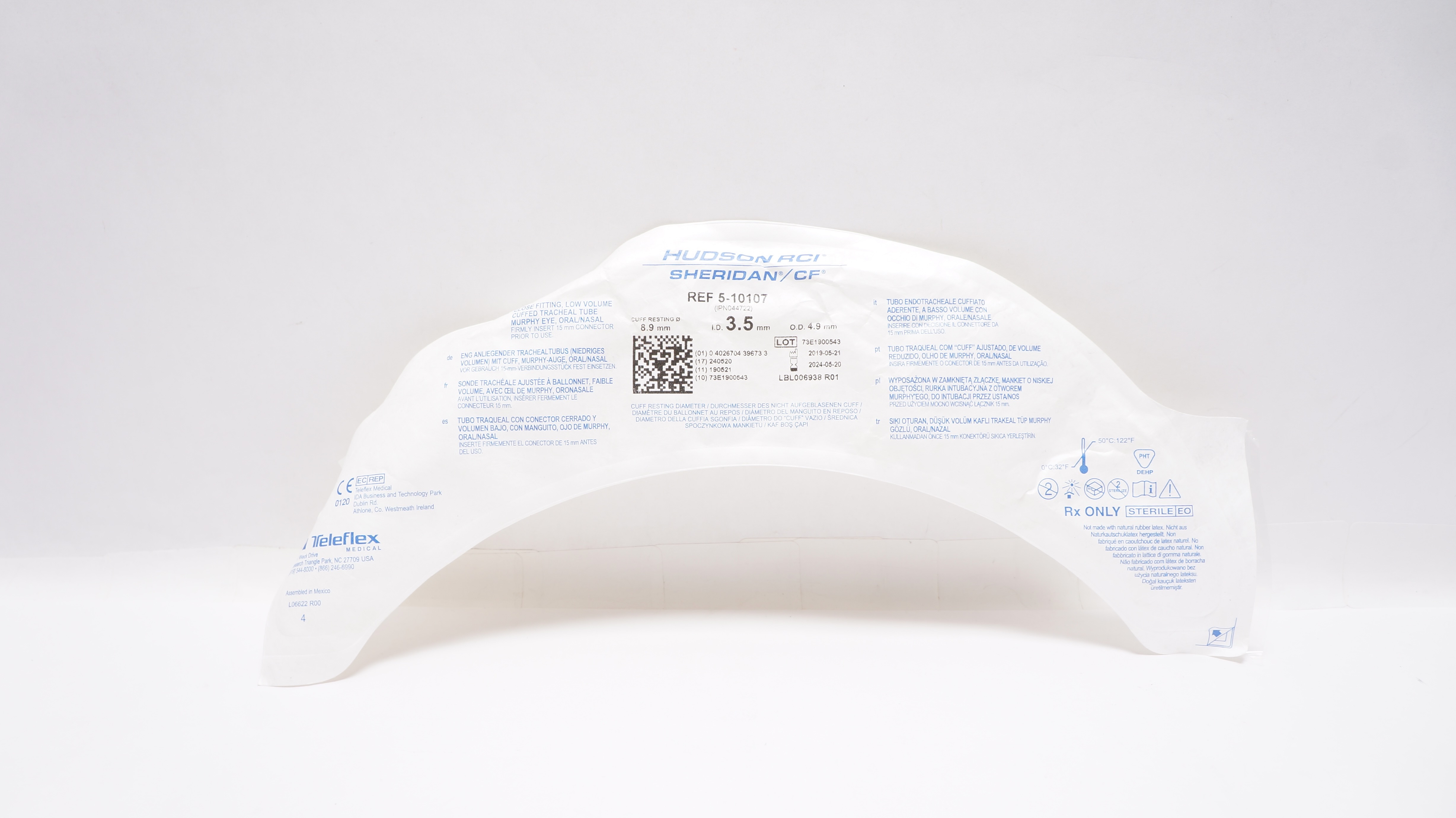 Teleflex 5-10107 Hudson RCI Sheridan Tracheal Tube Cuffed 8.9 x 3.5ID x 4.9mmOD