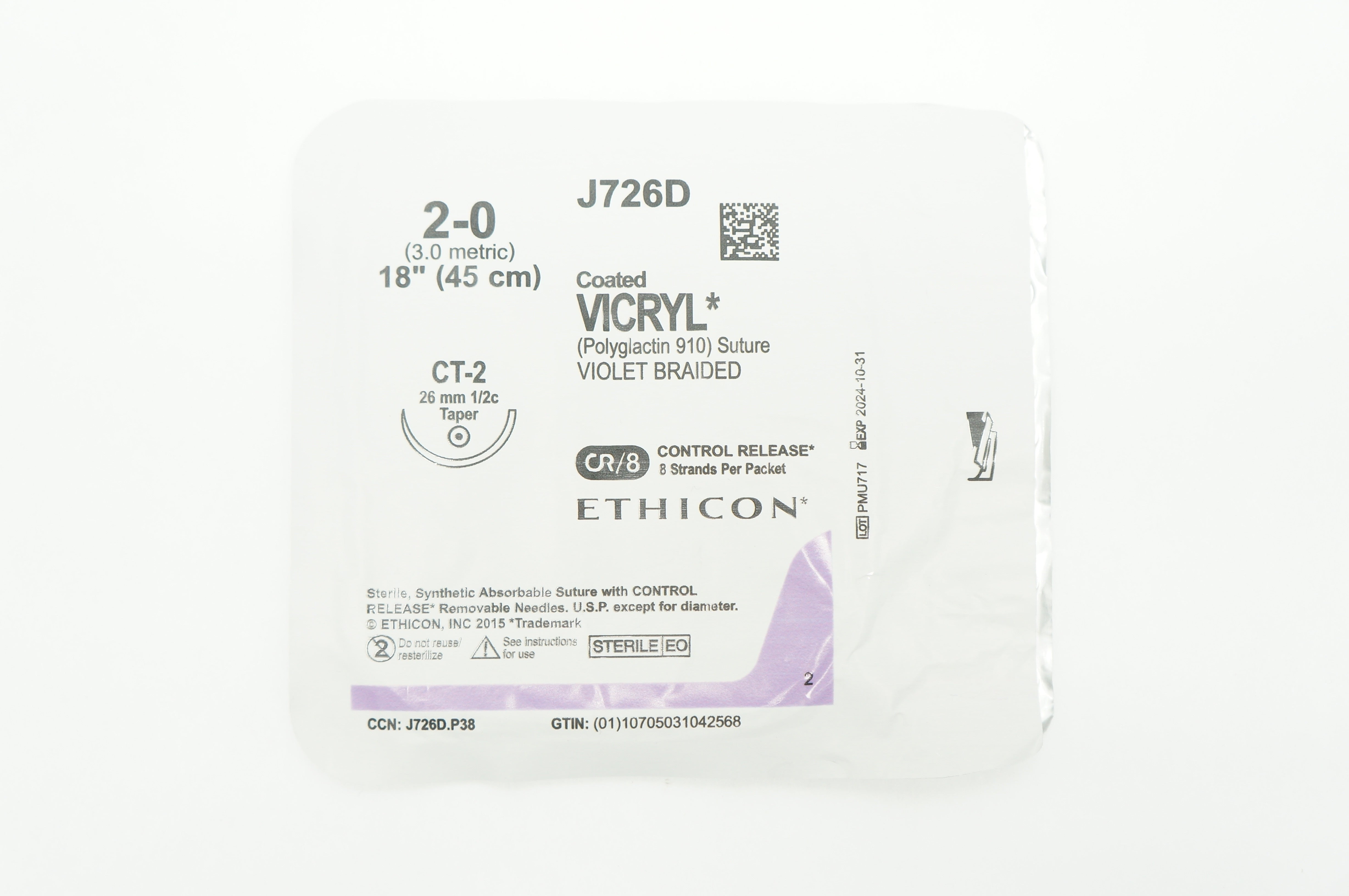 Ethicon J726D 2-0 VICRYL CT-2 26mm 1/2c Taper 18 inch