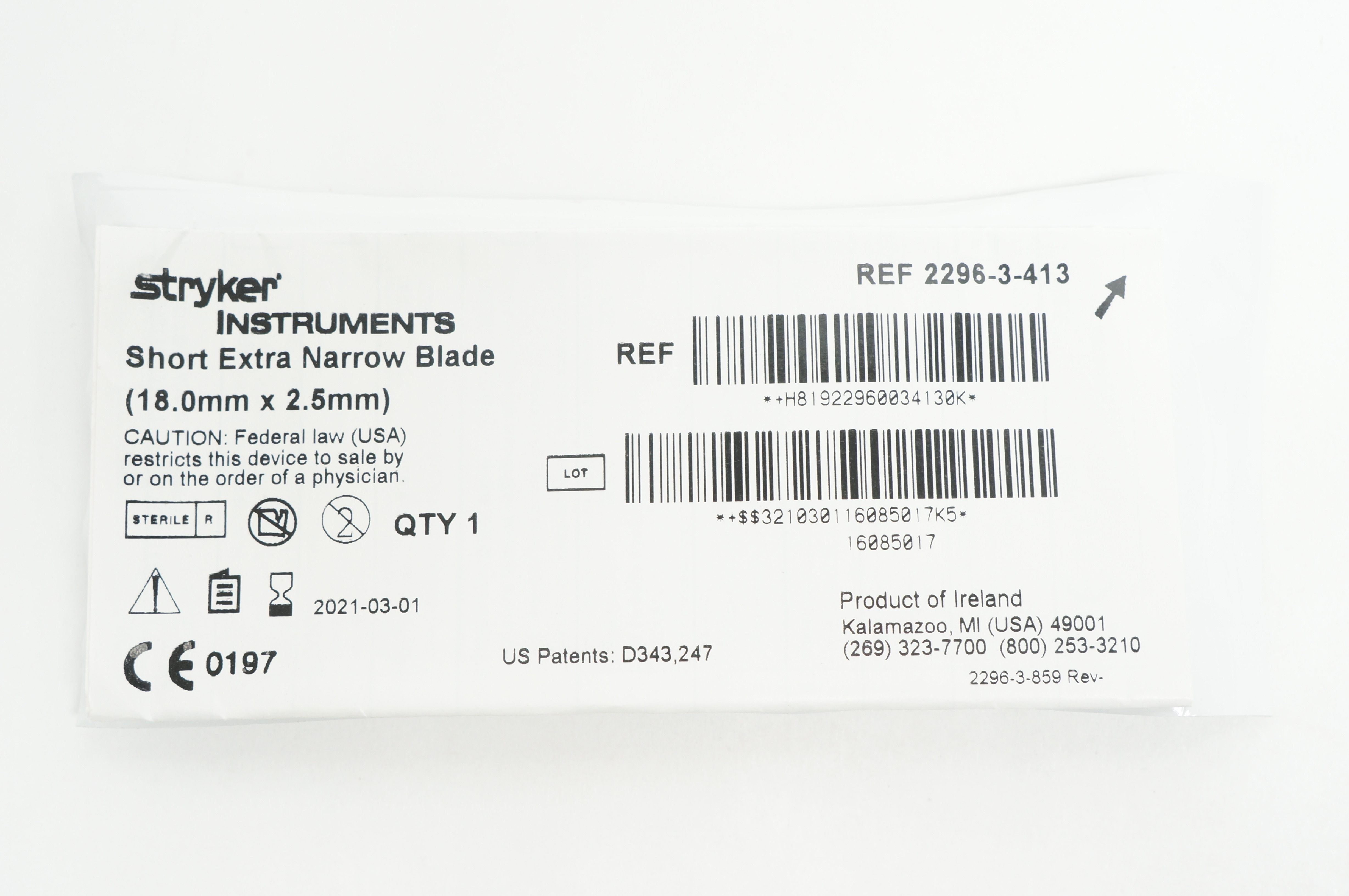 Stryker 2296-3-413 Short Extra Narrow Blade 18.0mm x 2.5mm (x)