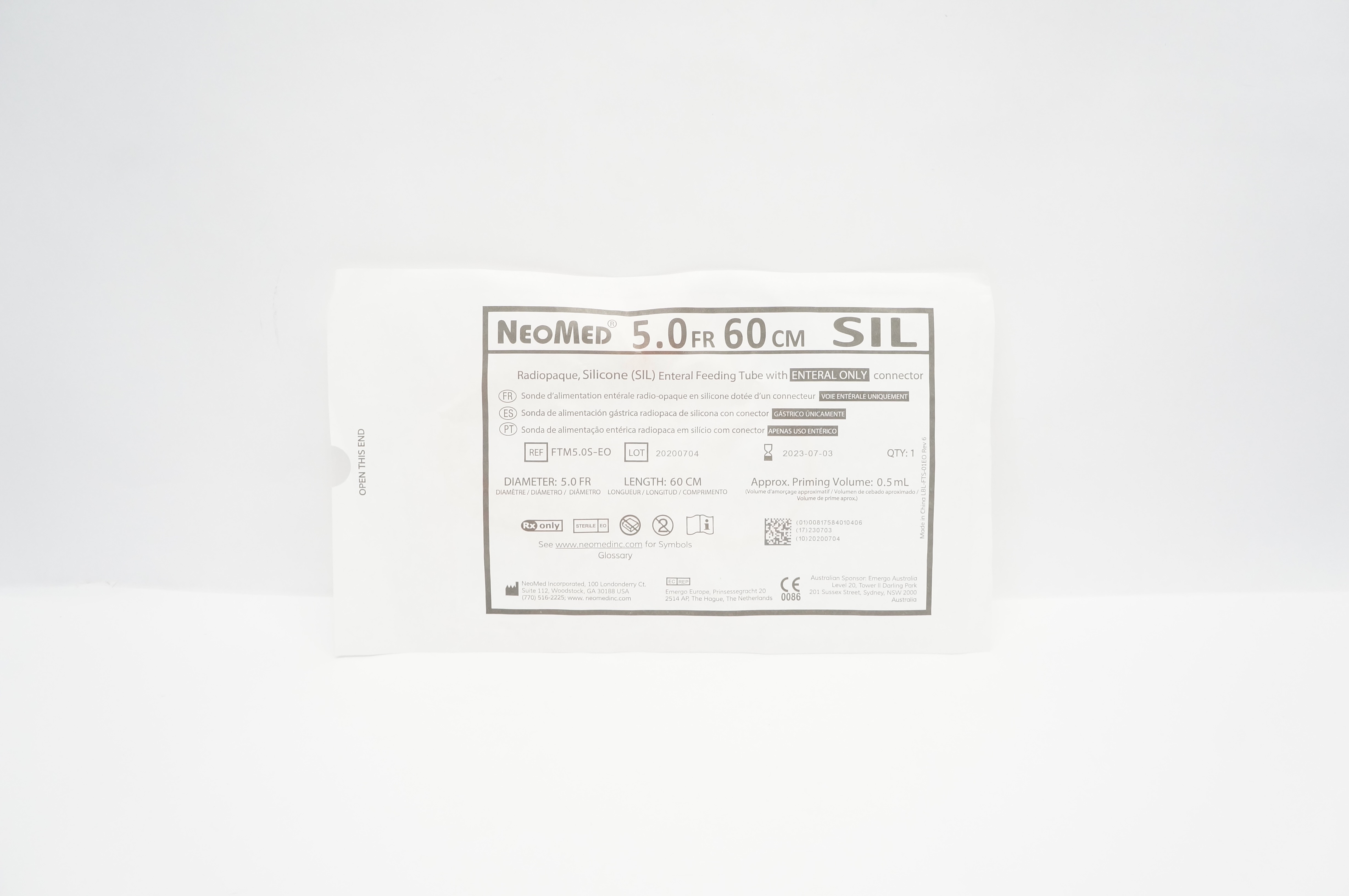 NeoMed FTM5.0S-EO Radiopaque Silicone Enteral Feeding Tube 5.0Fr. x 60cm 0.5mL