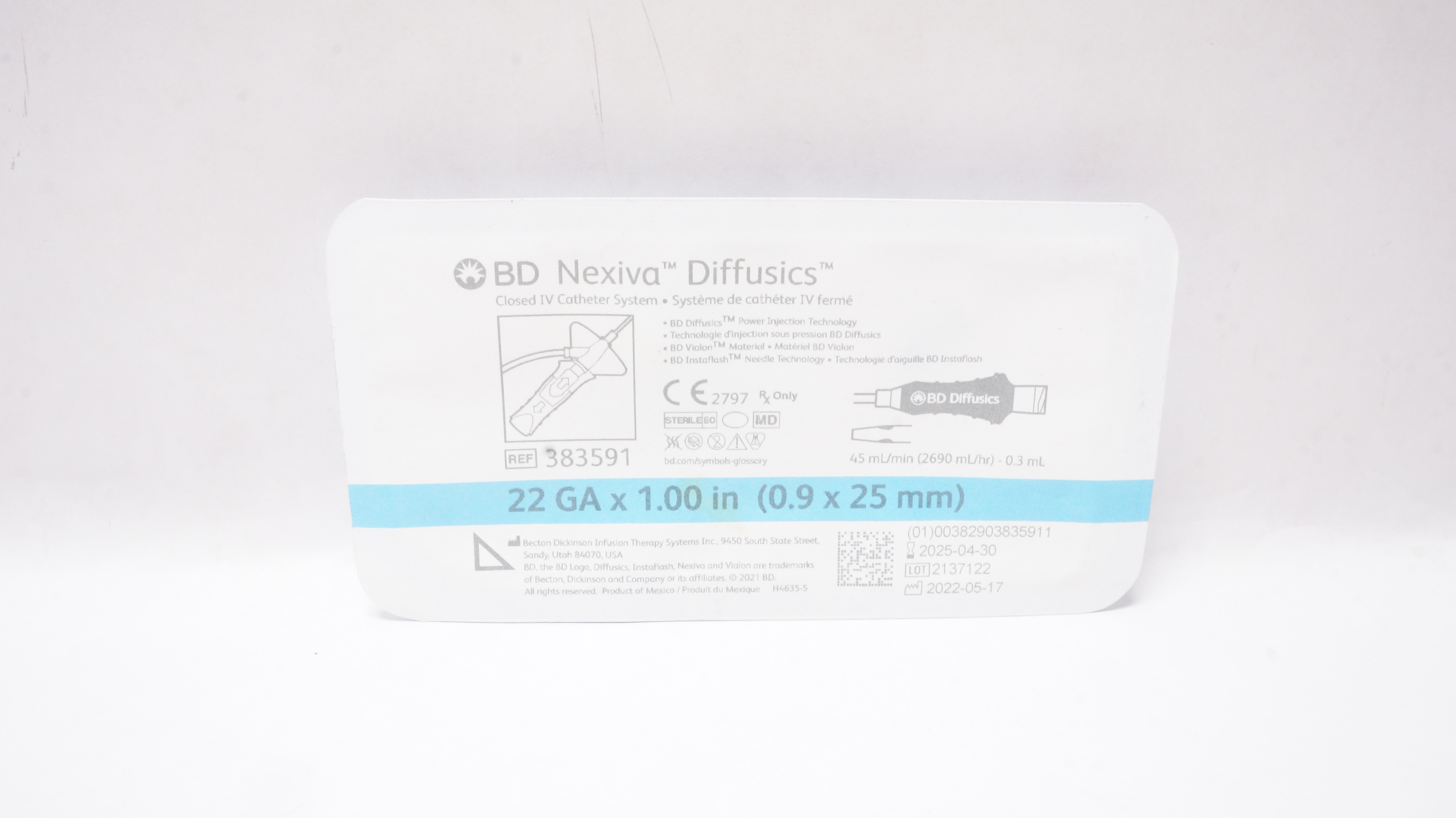 BD 383591 Nexiva Diffusics Closed IV Cath. System 22Ga x 1.00inch 45mL/min