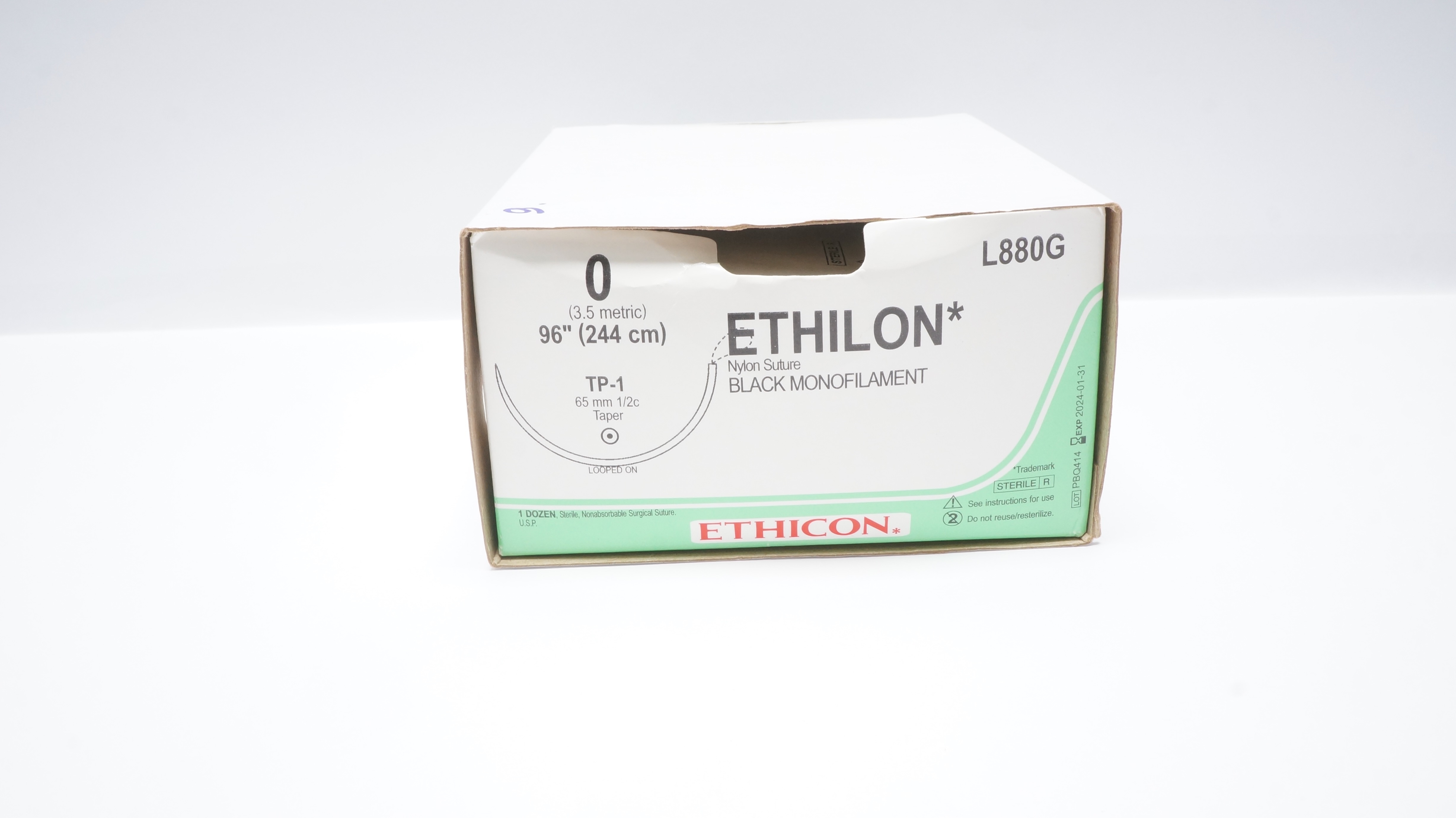 Ethicon L880G 0 Ethilon Black Monofilament TP-1 65mm 1/2c Taper 96in-Box of 9(x)