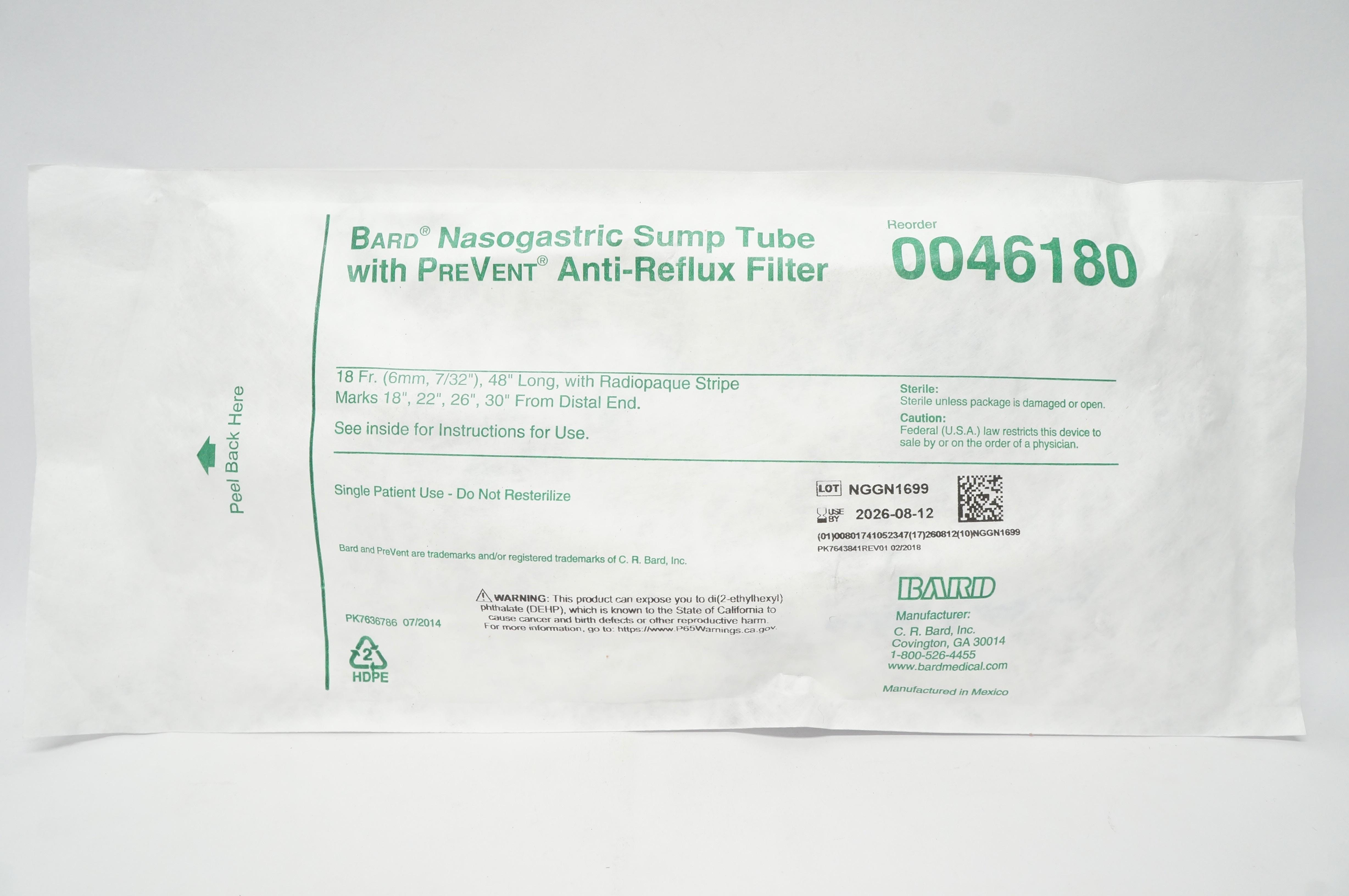 Bard 0046180 Nasogastric Sump Tube with PreVent Anti-Reflux Filter 18Fr x 48inch