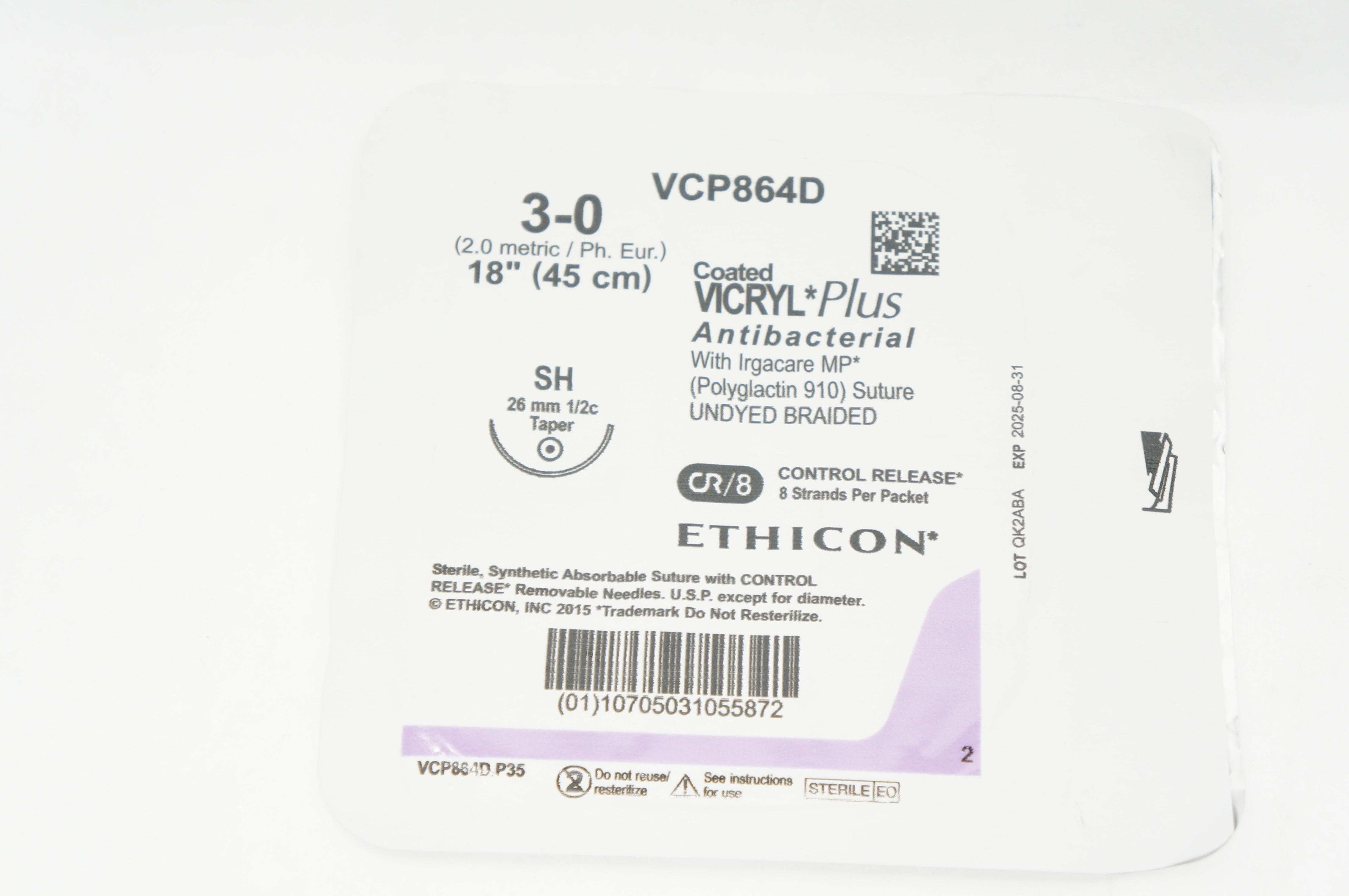 Ethicon VCP864D 3-0 Coated Vicryl Plus Polyglactin Stre SH 26mm 1/2cTaper 18inch