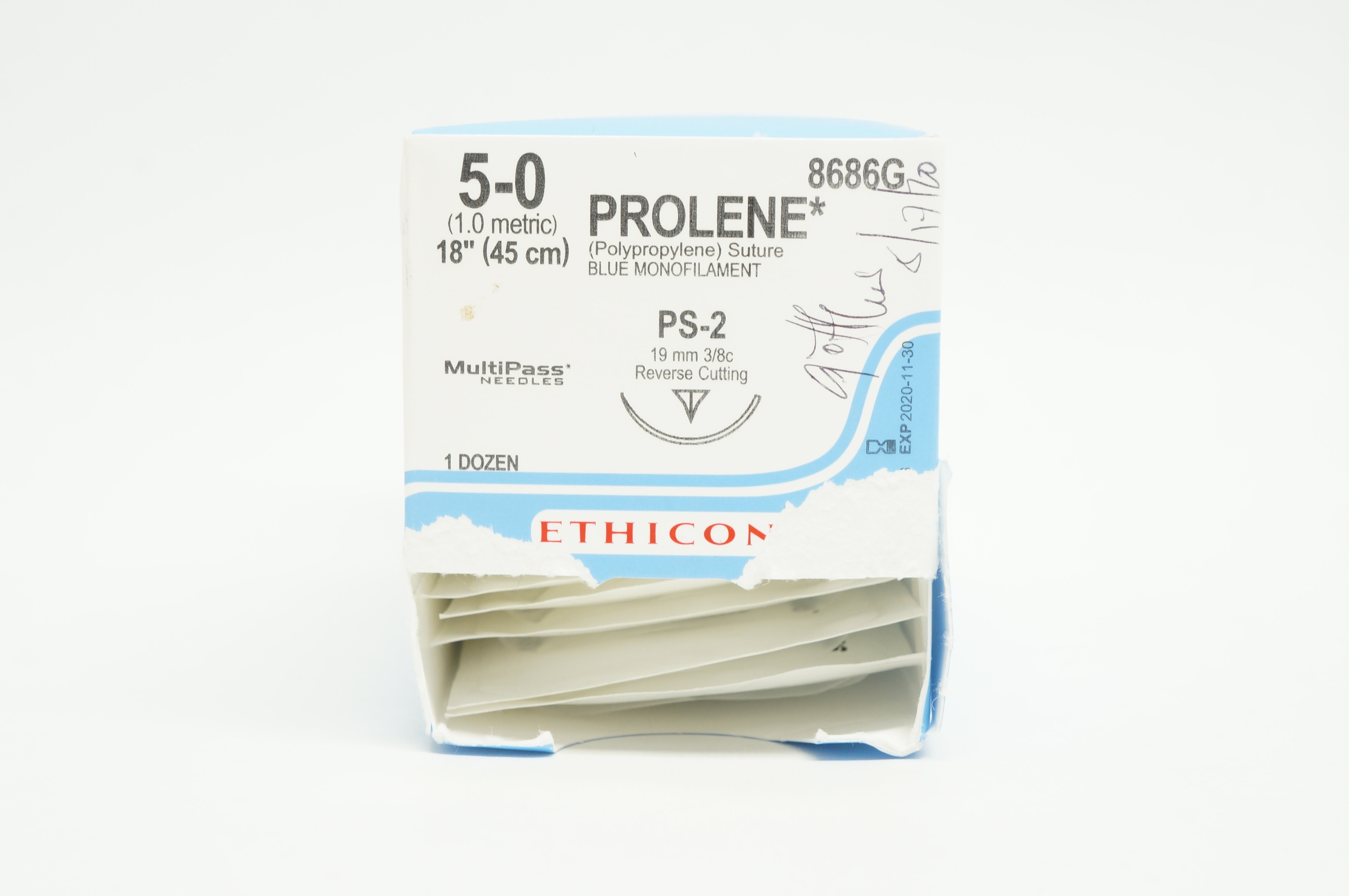 Ethicon 8686G 5-0 PROLENE PS-2, 19mm 3/8c Reverse Cutting, 18in (x) - Box of 12
