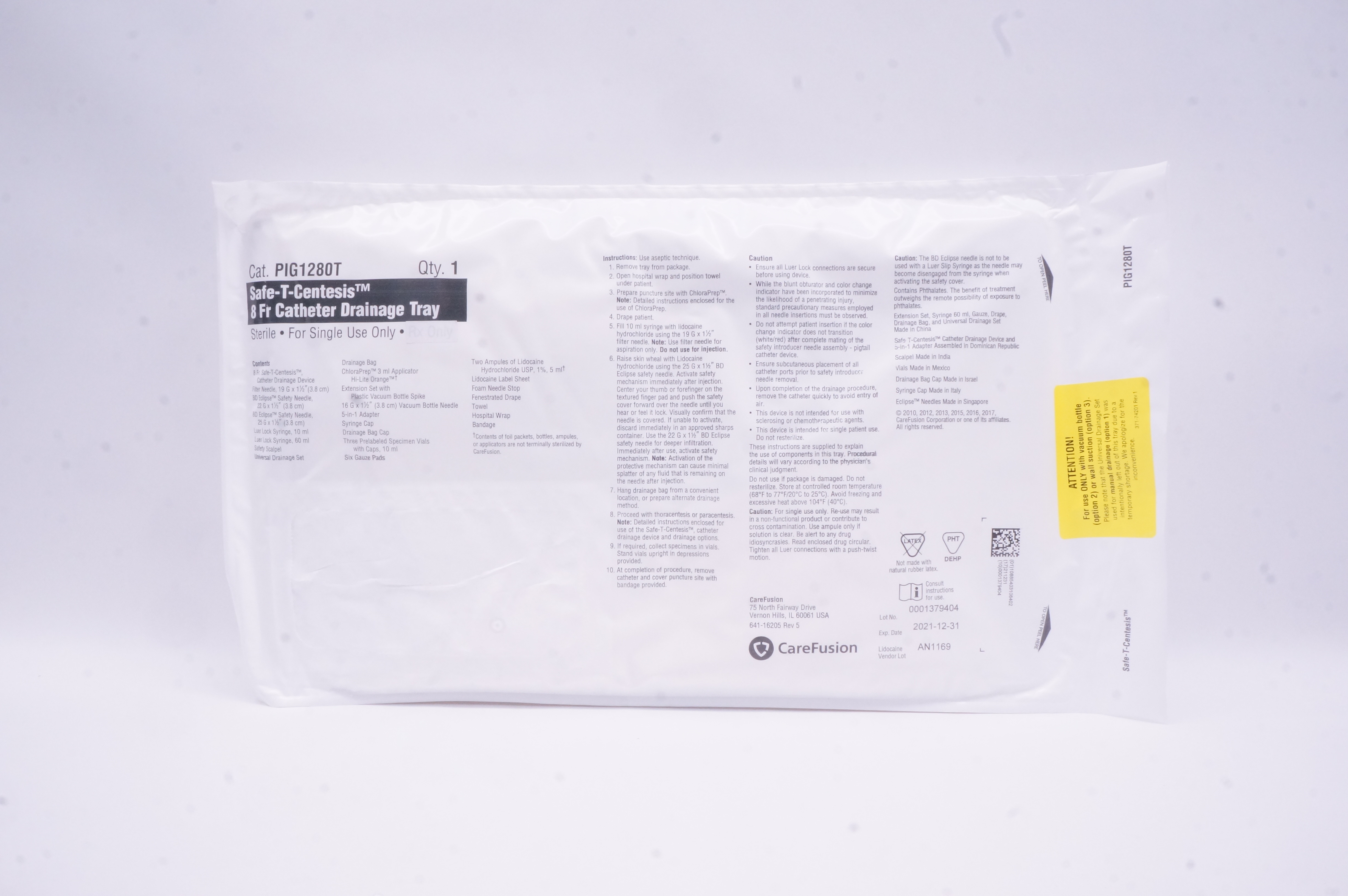CareFusion PIG1280T Safe-T-Centesis 8Fr. Cath. Drainage Tray