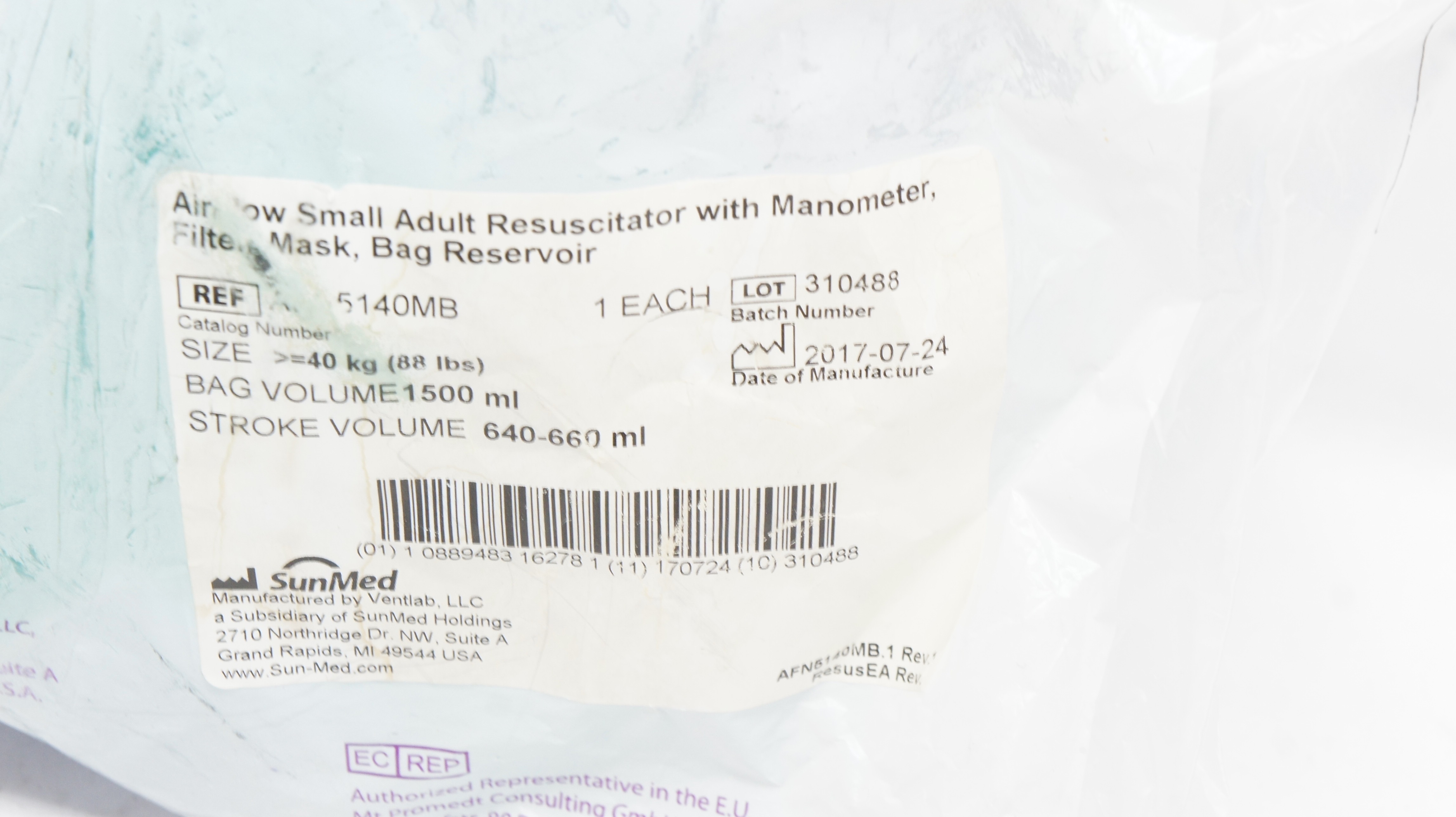 SunMed AF5140MB AirFlow Small Adult Resuscitator w/Manometer Filter, Mask