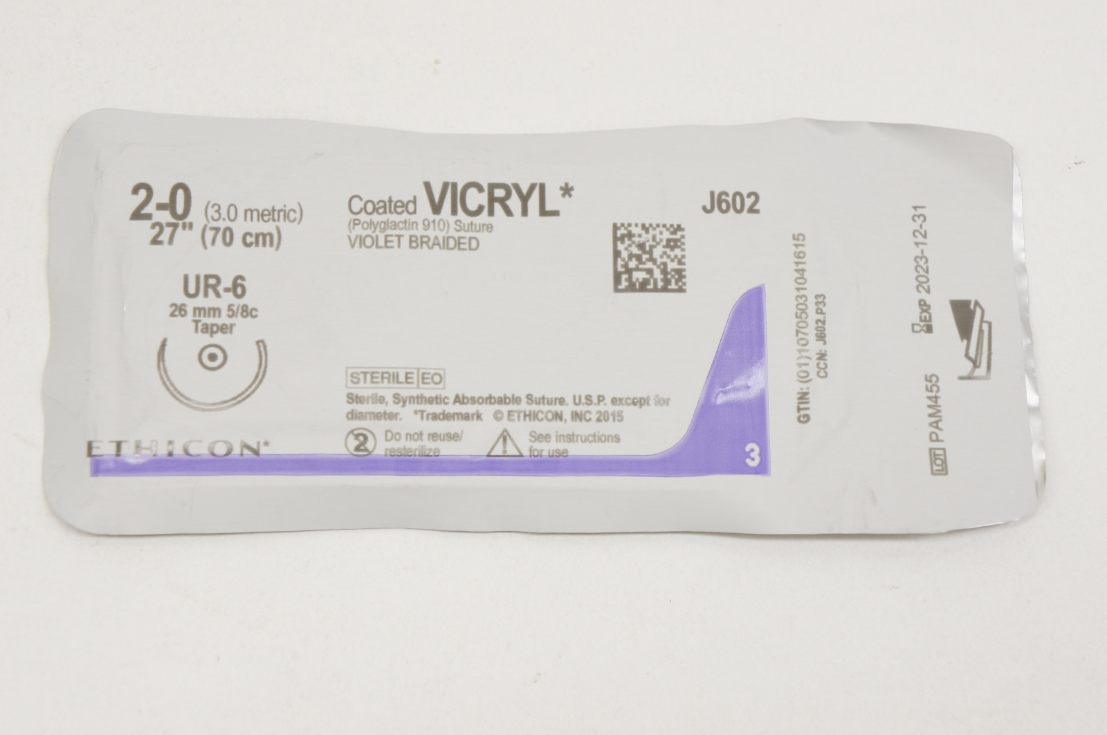 Ethicon J602 2-0 VICRYL, UR-6, 26mm 5/8c Taper, 27inch