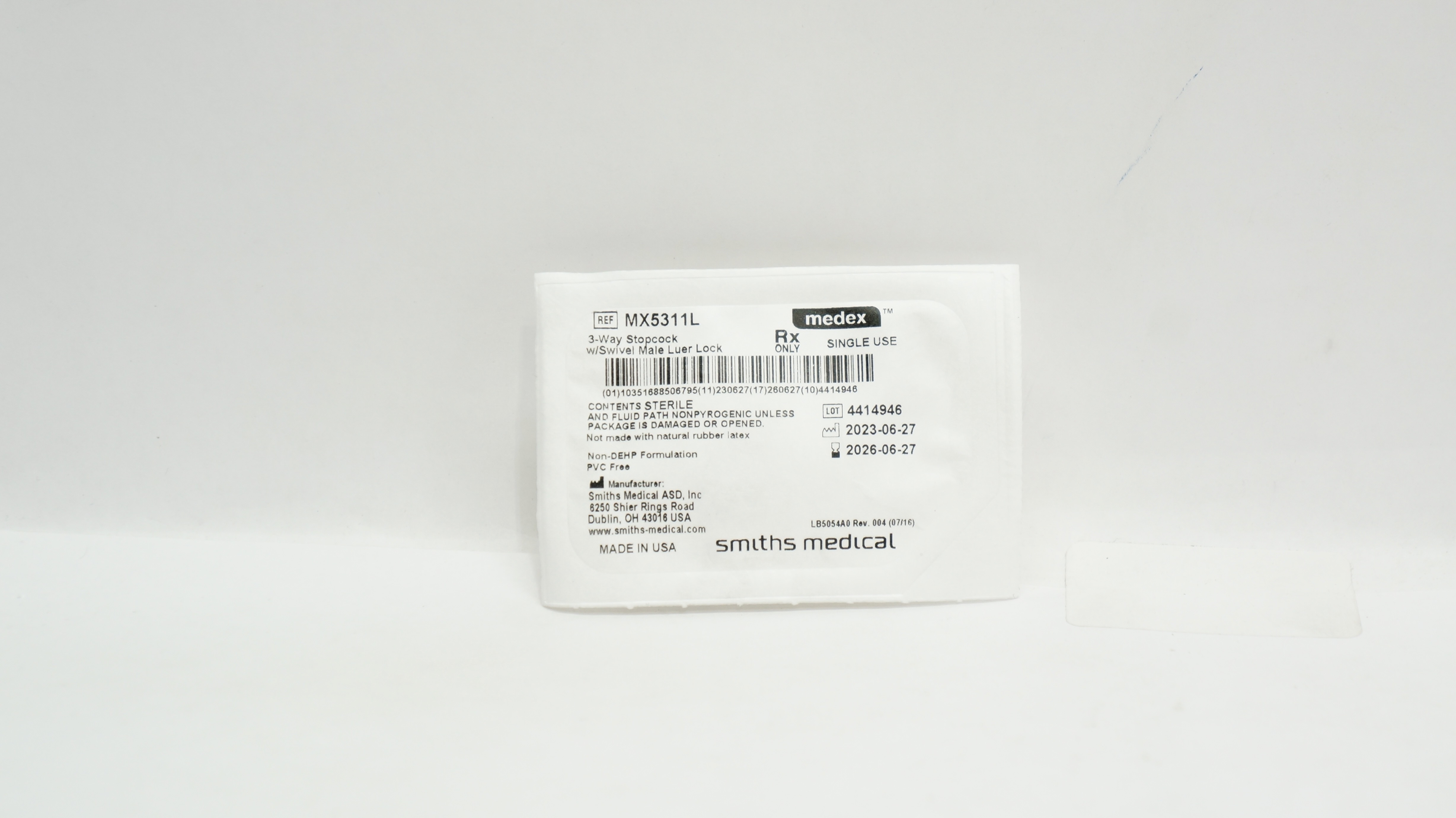 Smiths Medical MX5311L Medex 3-Way Stopcock w/Swivel Male Luer Lock