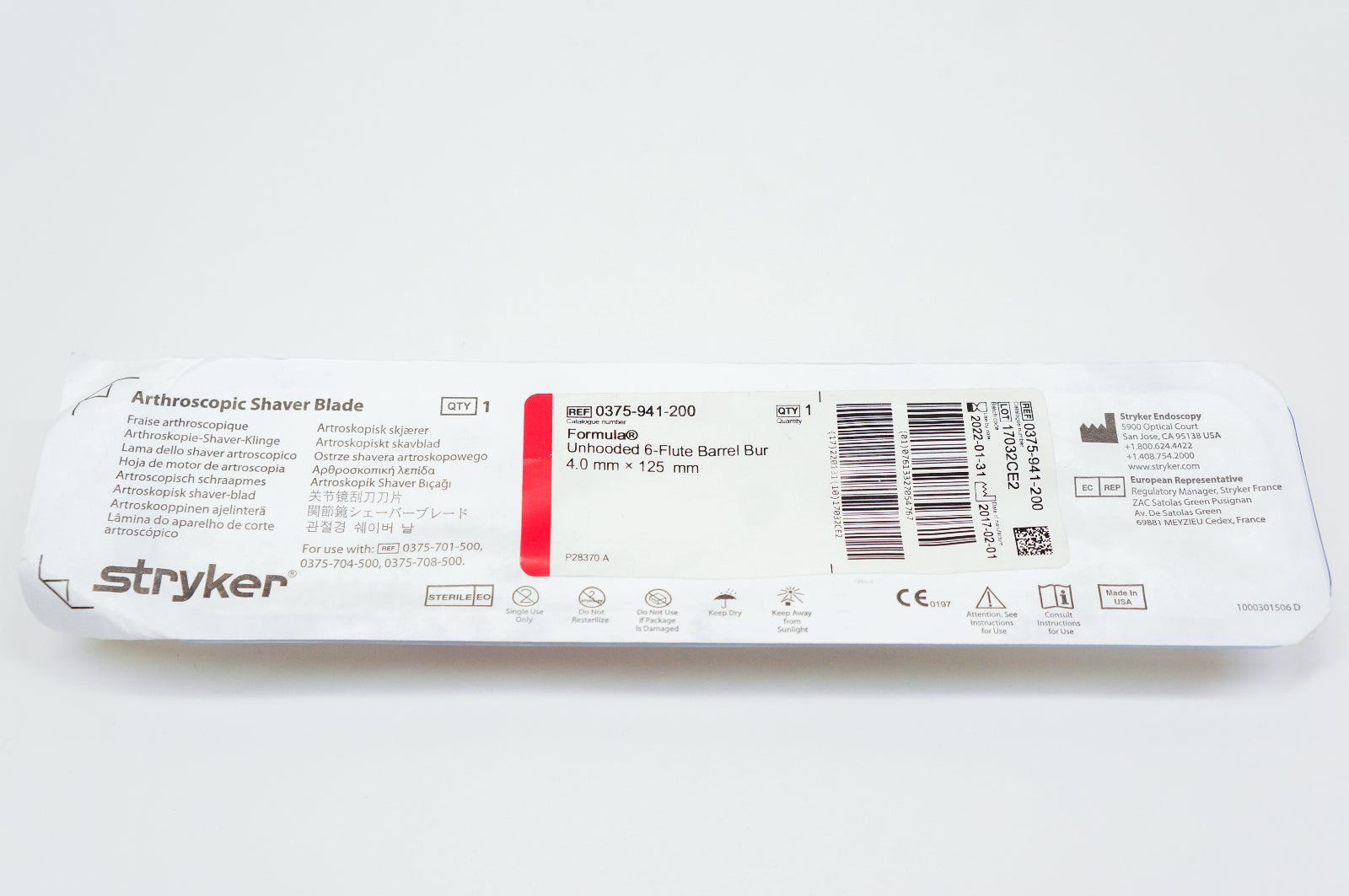 Stryker 0375-941-200 Formula Unhooded 6-Flute Barrel Bur 4.0mm x 125mm