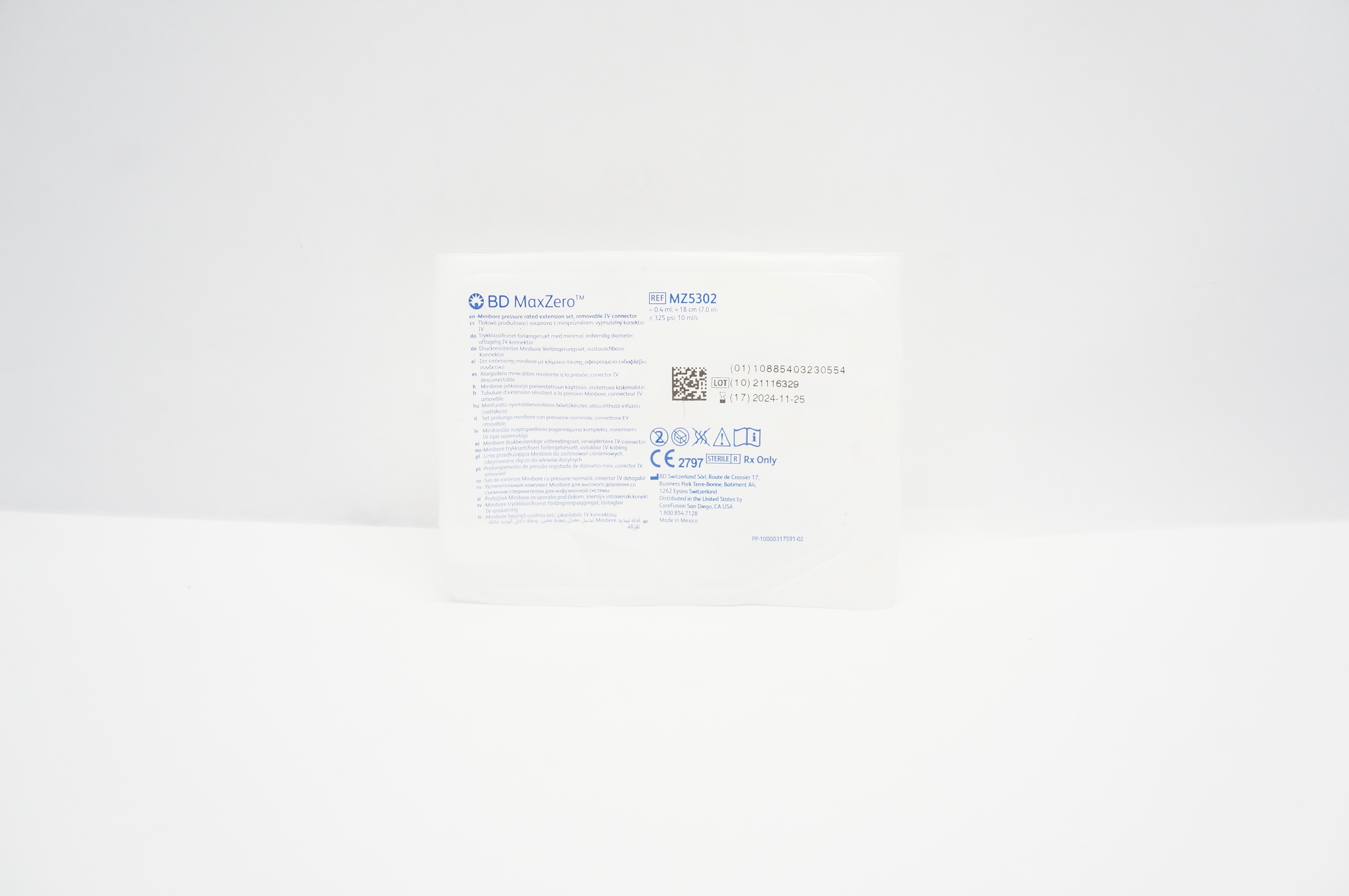 BD MZ5302 MaxZero Minibore Pressure Rated Extension Set 0.4ml x 7.0inch