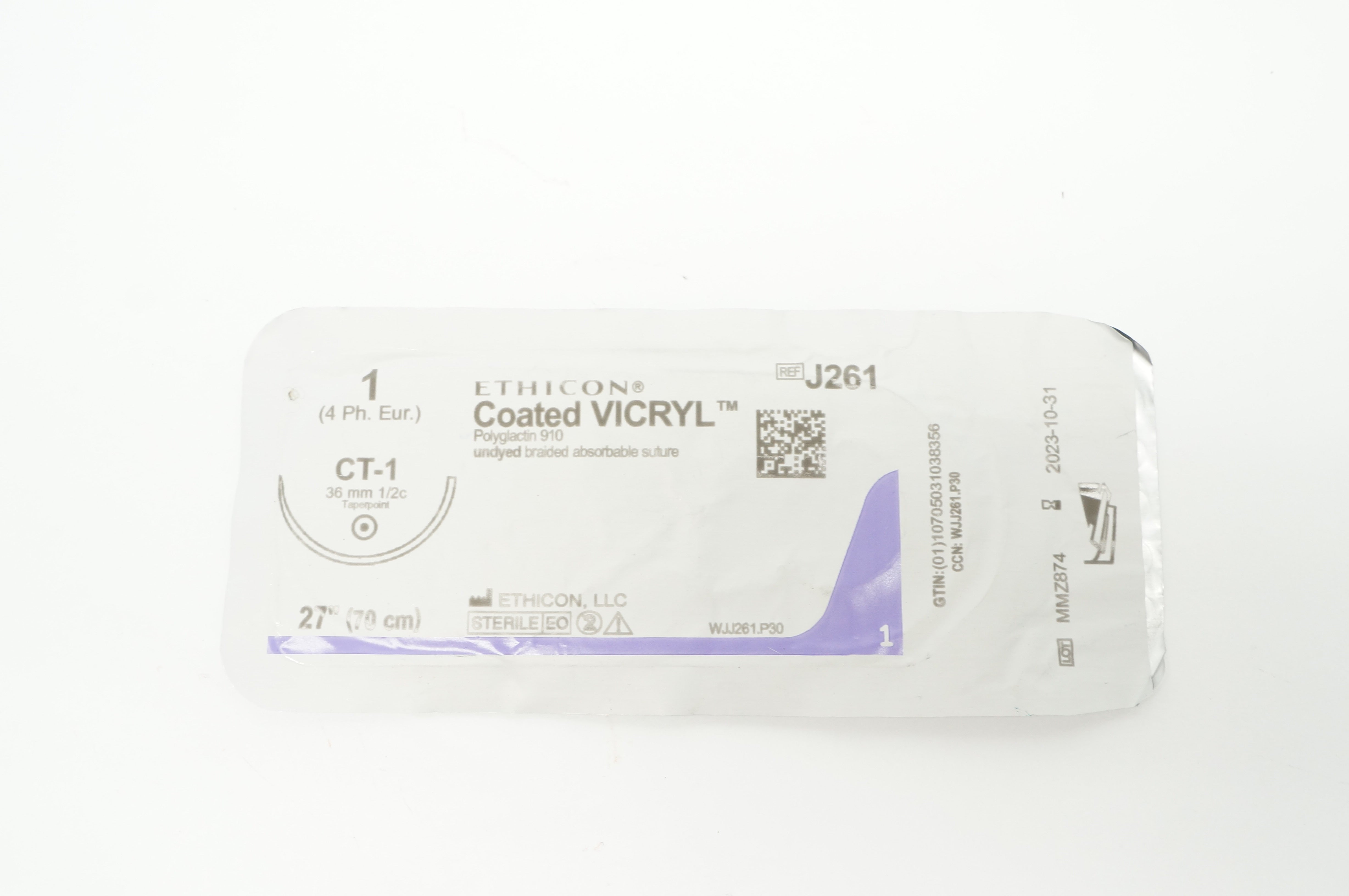 Ethicon J261 1 Coated VICRYL Stre, CT-1 36mm 1/2c Taperpoint, 27inch