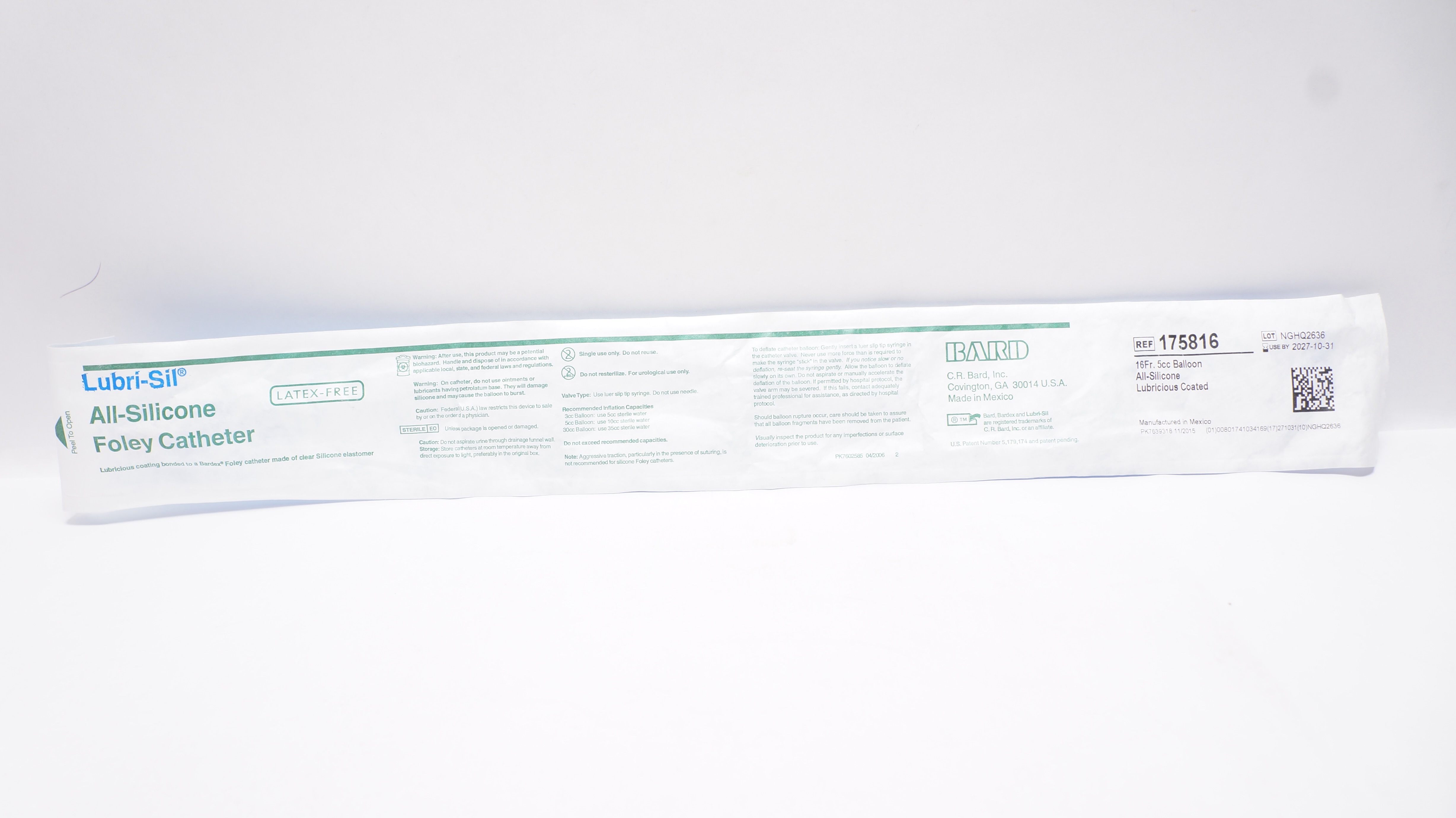 Bard 175816 Lubri-Sil All-Silicone Lubricious Coated Foley Cath. 16Fr 5cc Balloon